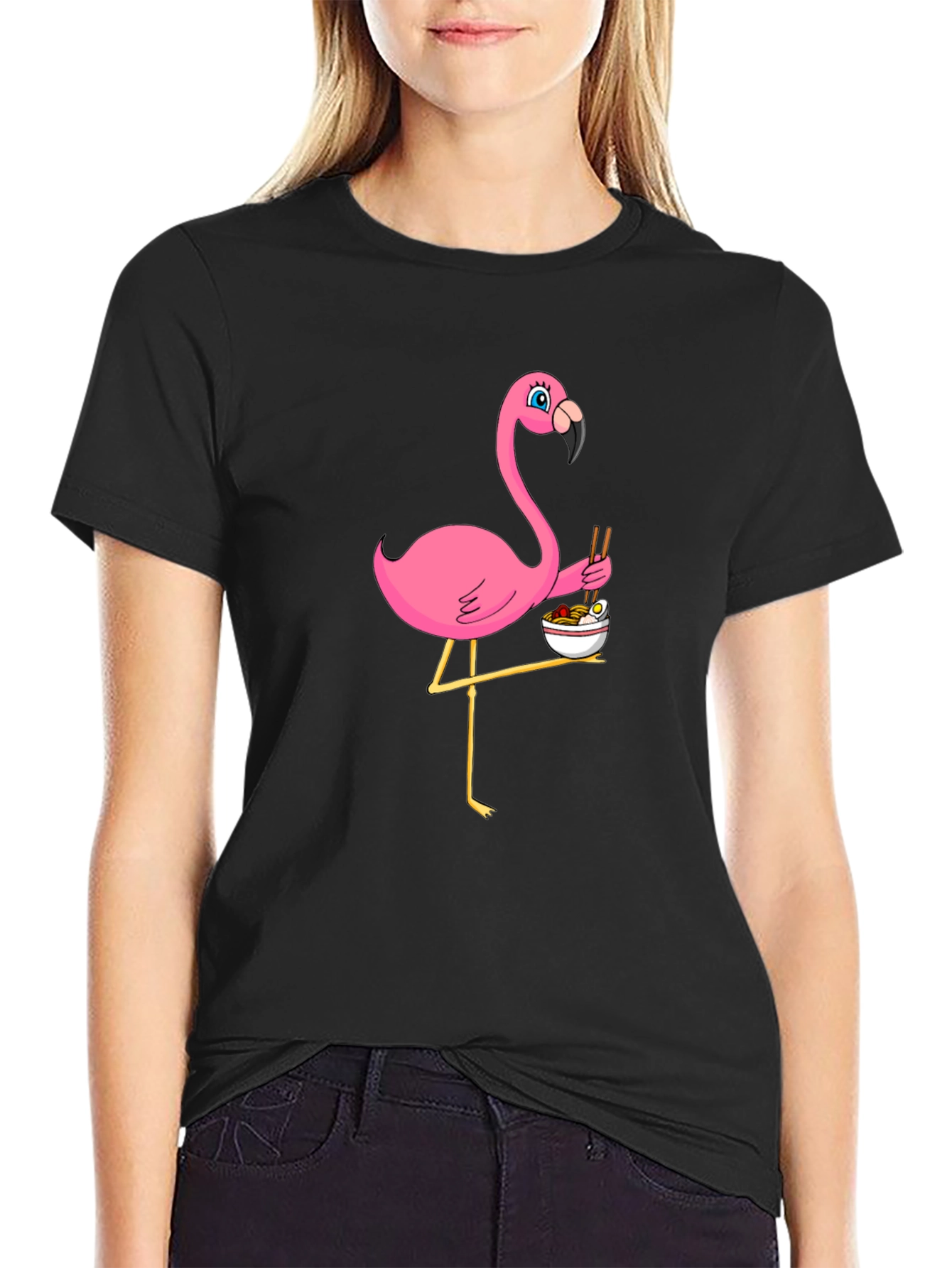 Black Flamingo Ramen Black T-Shirt - Whimsical Graphic Tee view 2