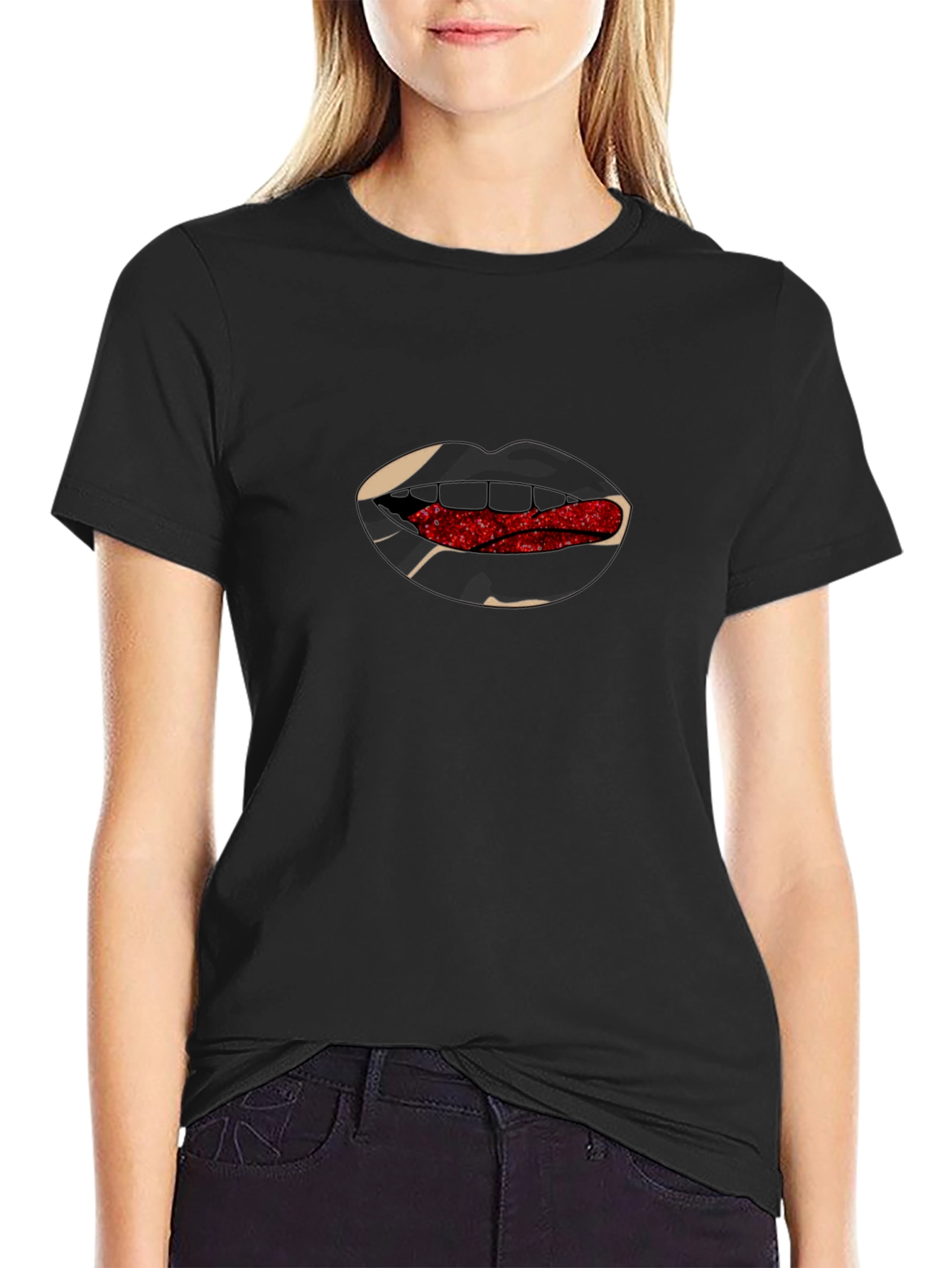 Black Lips T-Shirt - Black with Red Glitter Tongue Graphic view 2