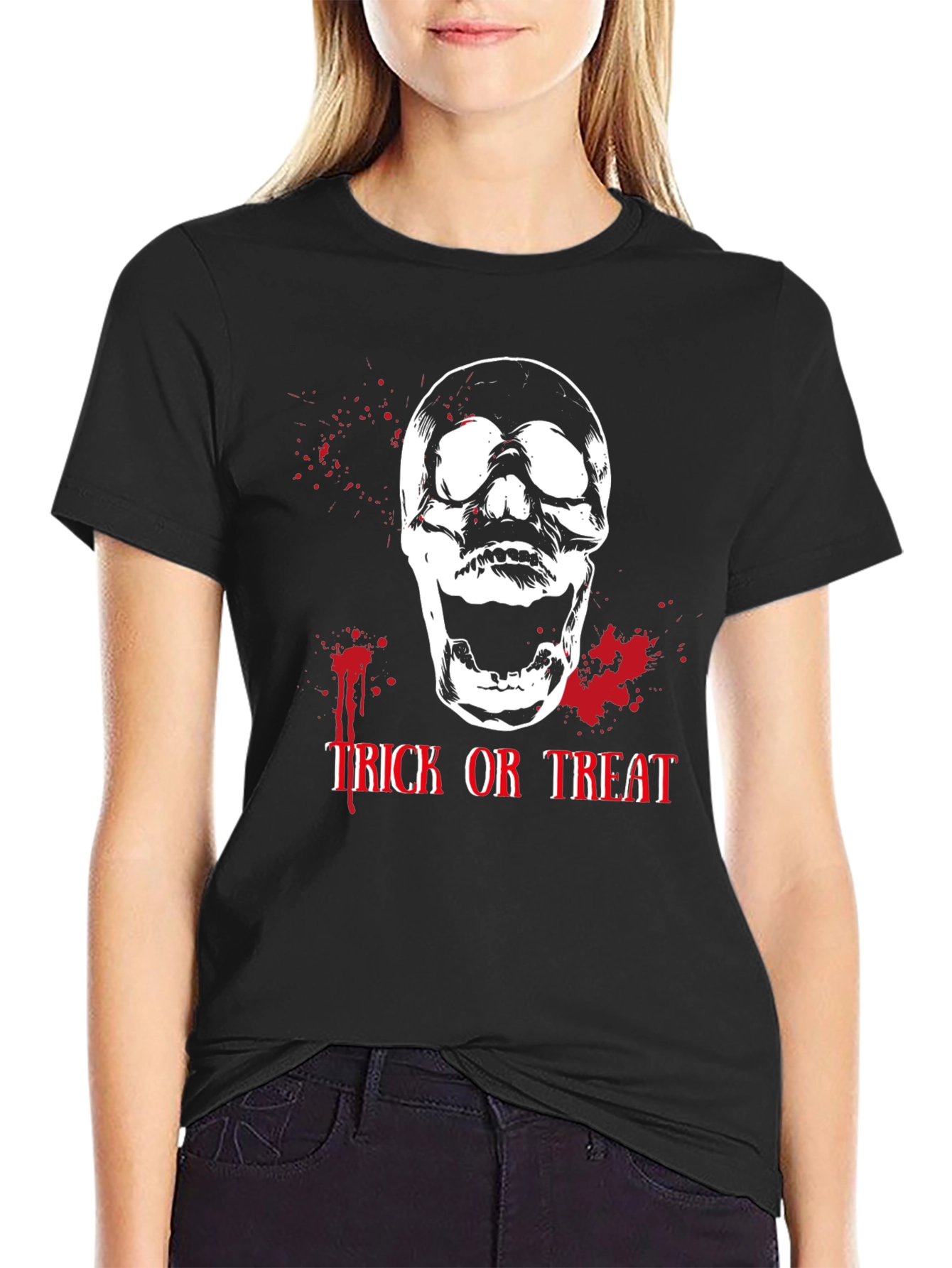 Black Halloween Skull Trick or Treat Black T-Shirt view 2