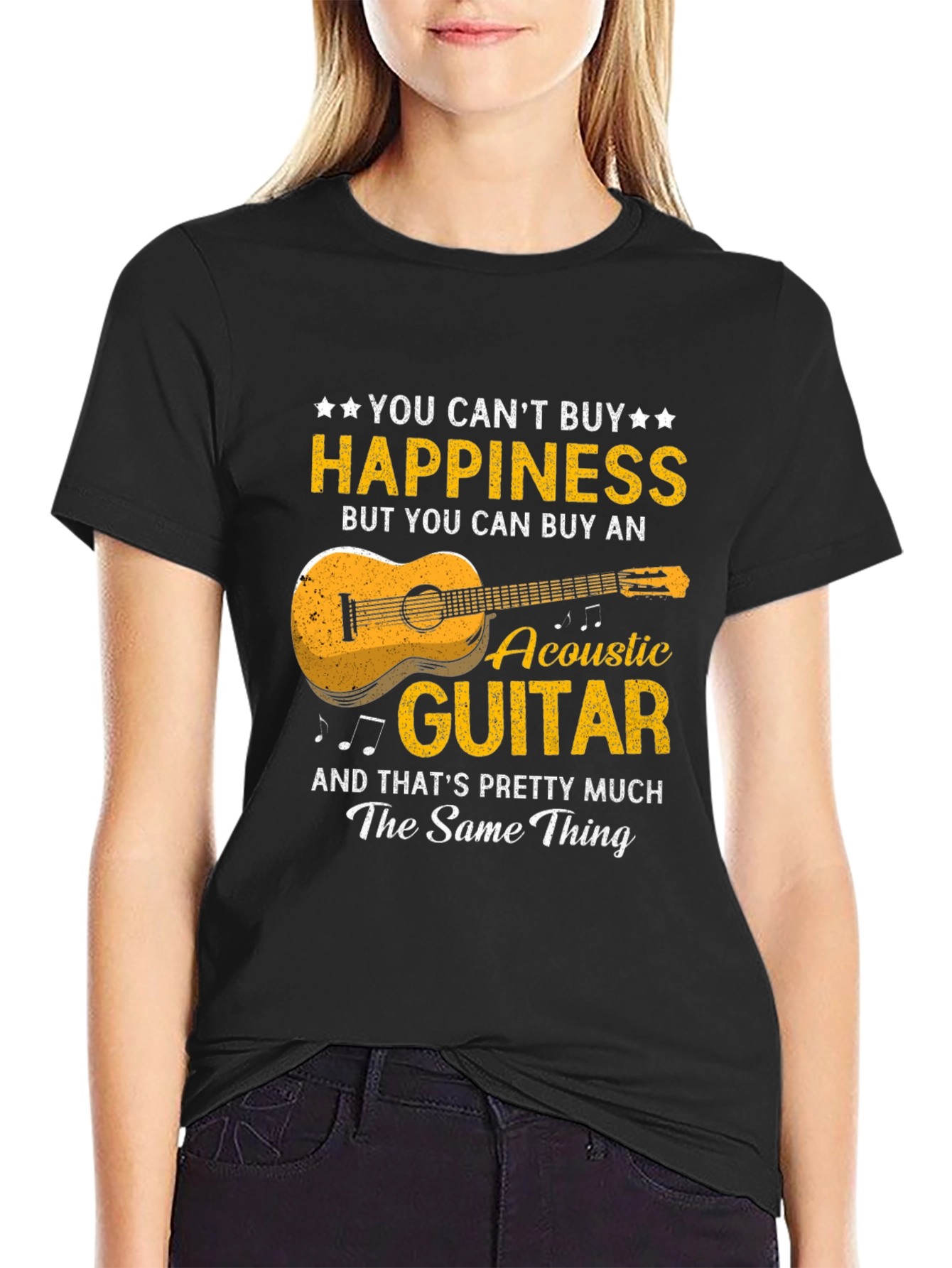Black Acoustic Guitar Happiness T-Shirt - Music Lover Gift view 2