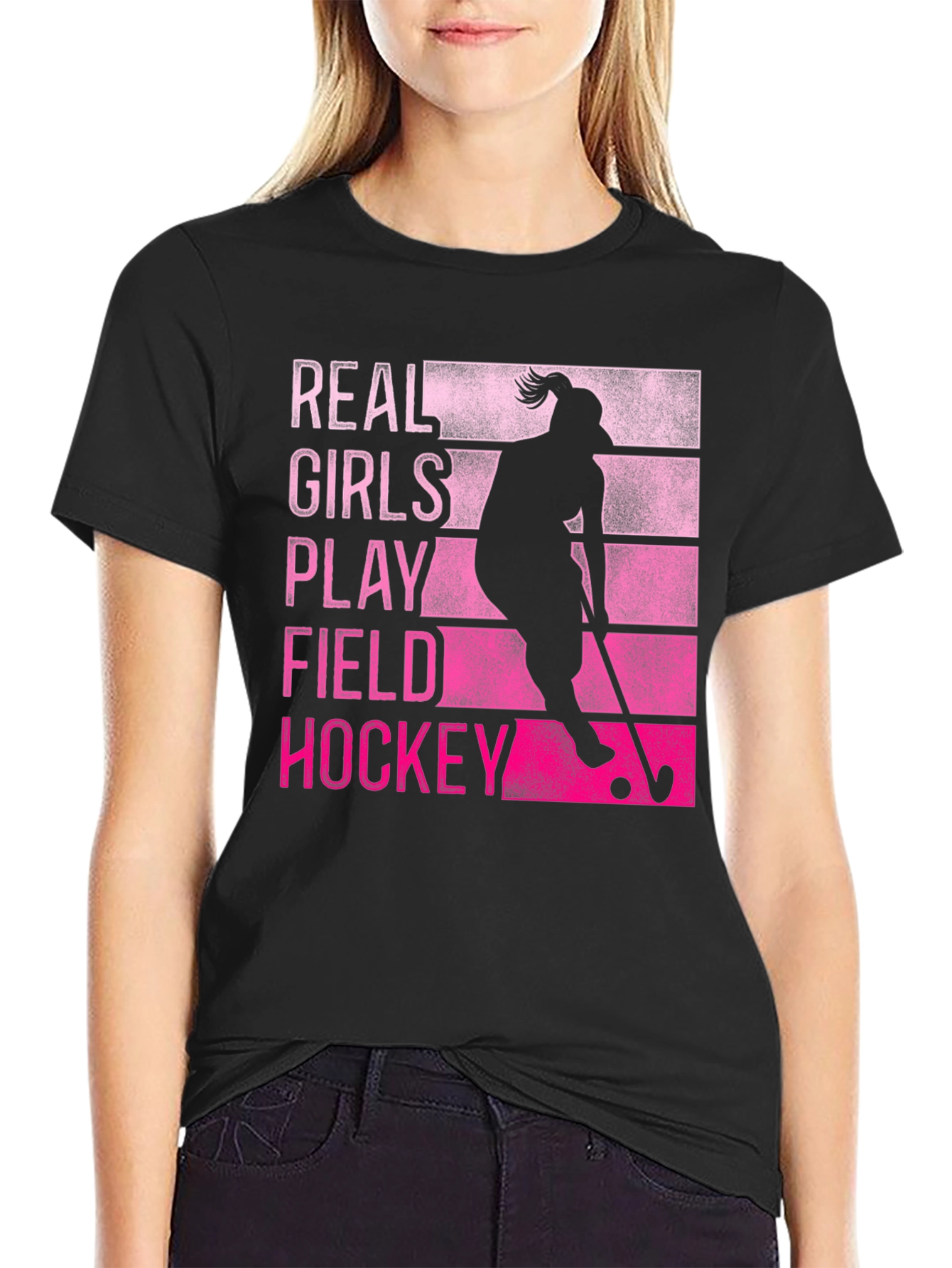 Black Real Girls Play Field Hockey T-Shirt view 2