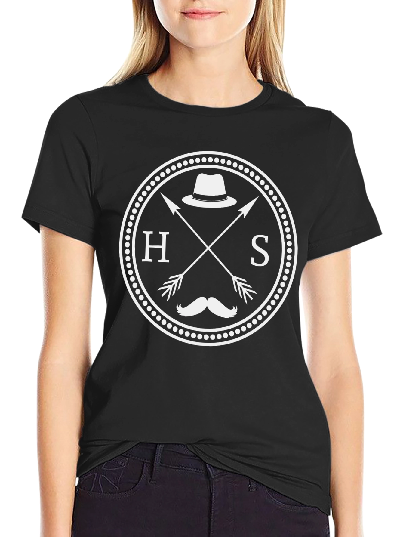 Black Hipster Style Graphic Tee - Crossed Arrows Hat Mustache view 2