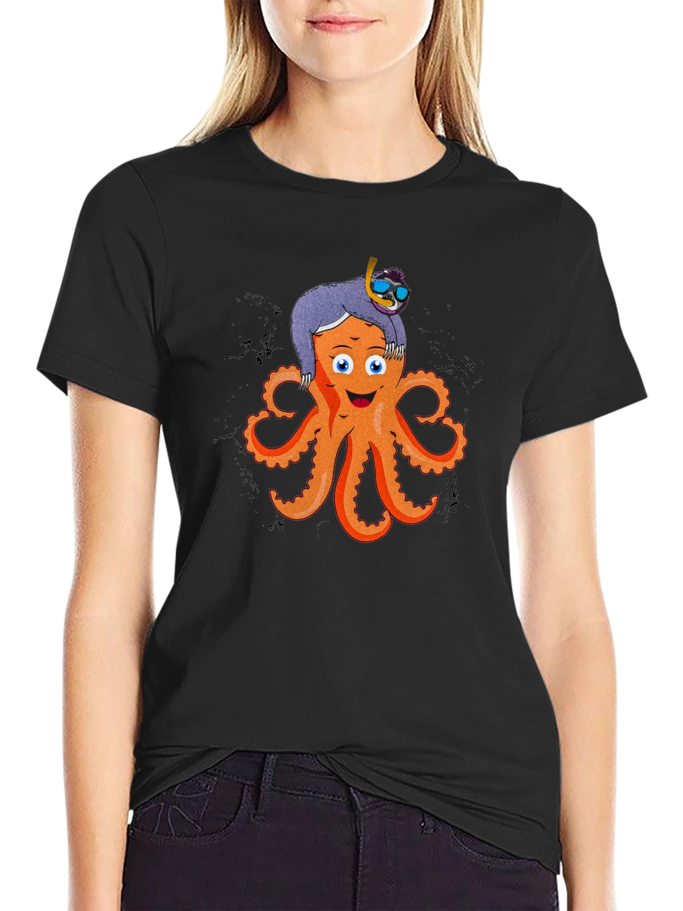 Black Octopus & Sloth Graphic T-Shirt - Unique Design view 2