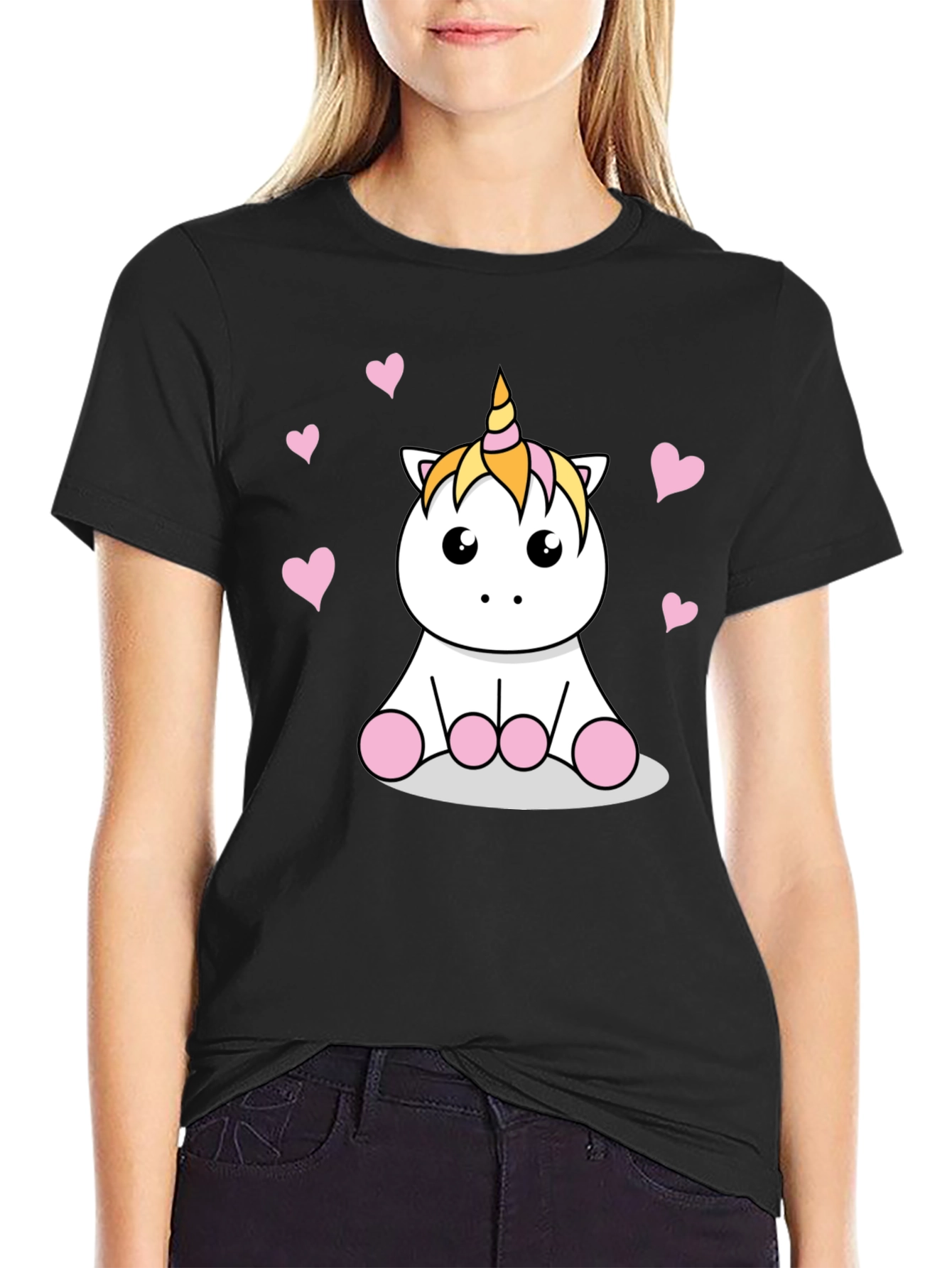 Black Cute Cartoon Unicorn T-Shirt - Black Cotton Tee view 2