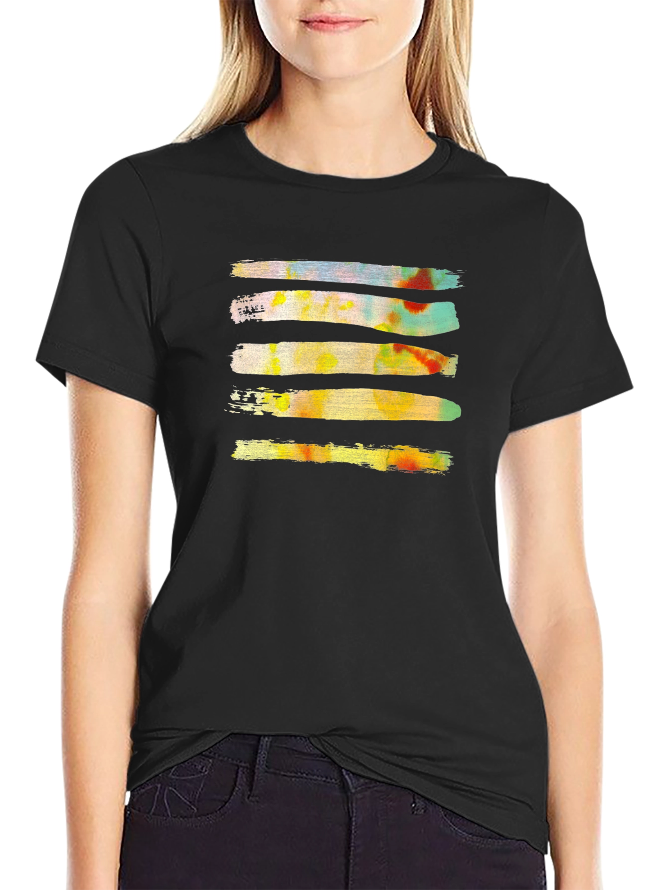 Black Abstract Brushstroke Graphic Tee - Black Cotton Casual T-Shirt view 2