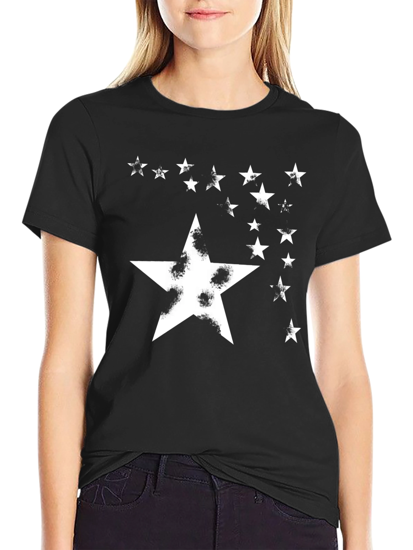 Black Starry Night Graphic Tee - Distressed Star Design view 2