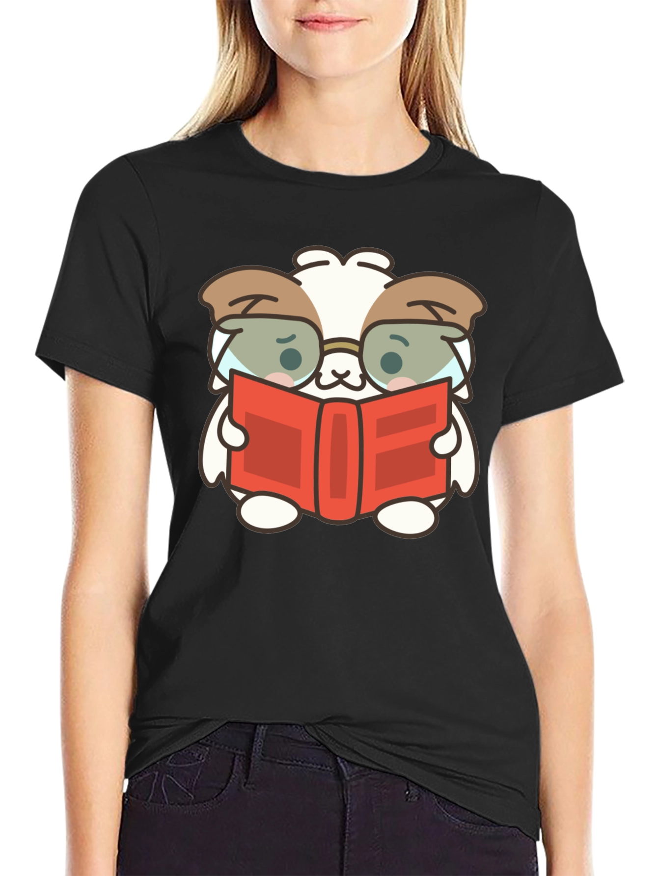 Black Cute Book Reading Dog T-Shirt - Black view 2