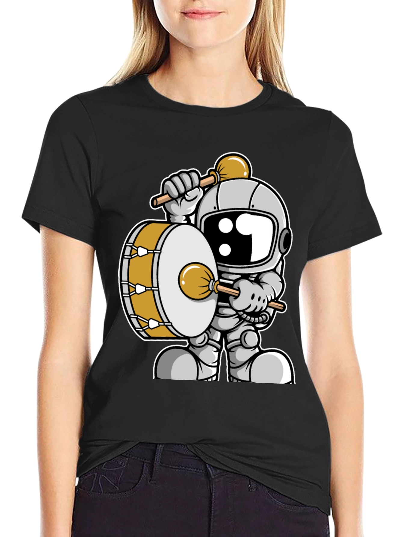 Black Astronaut Drummer Graphic Tee - Space Music T-Shirt view 2
