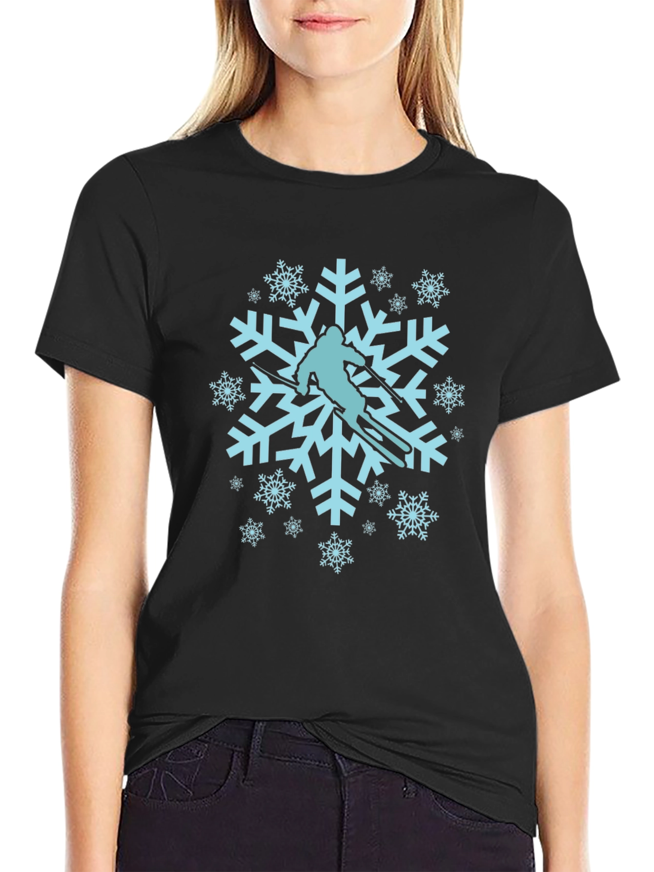 Black Snowflake Skier Graphic Tee - Winter Sport Shirt view 2