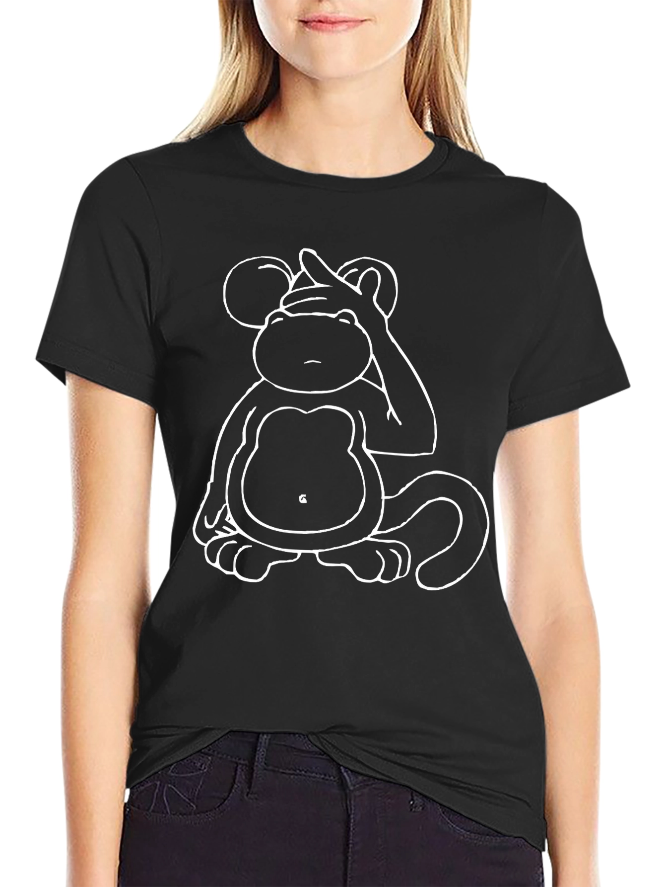 Black Funny Cartoon Monkey T-Shirt - Unisex Black Tee view 2