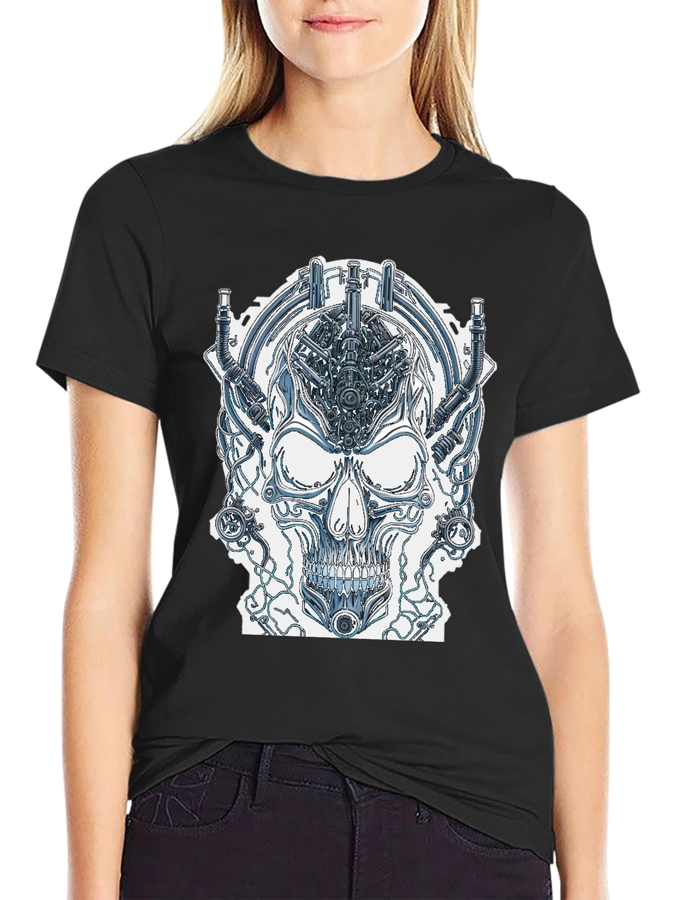 Black Cyberpunk Skull Graphic Tee - Edgy Sci-Fi Design view 2