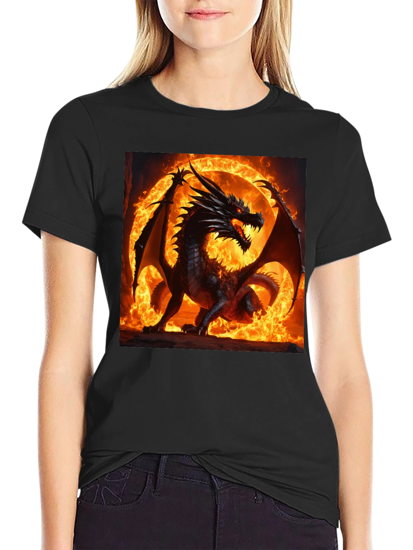 Black Fiery Dragon Graphic T-Shirt view 2