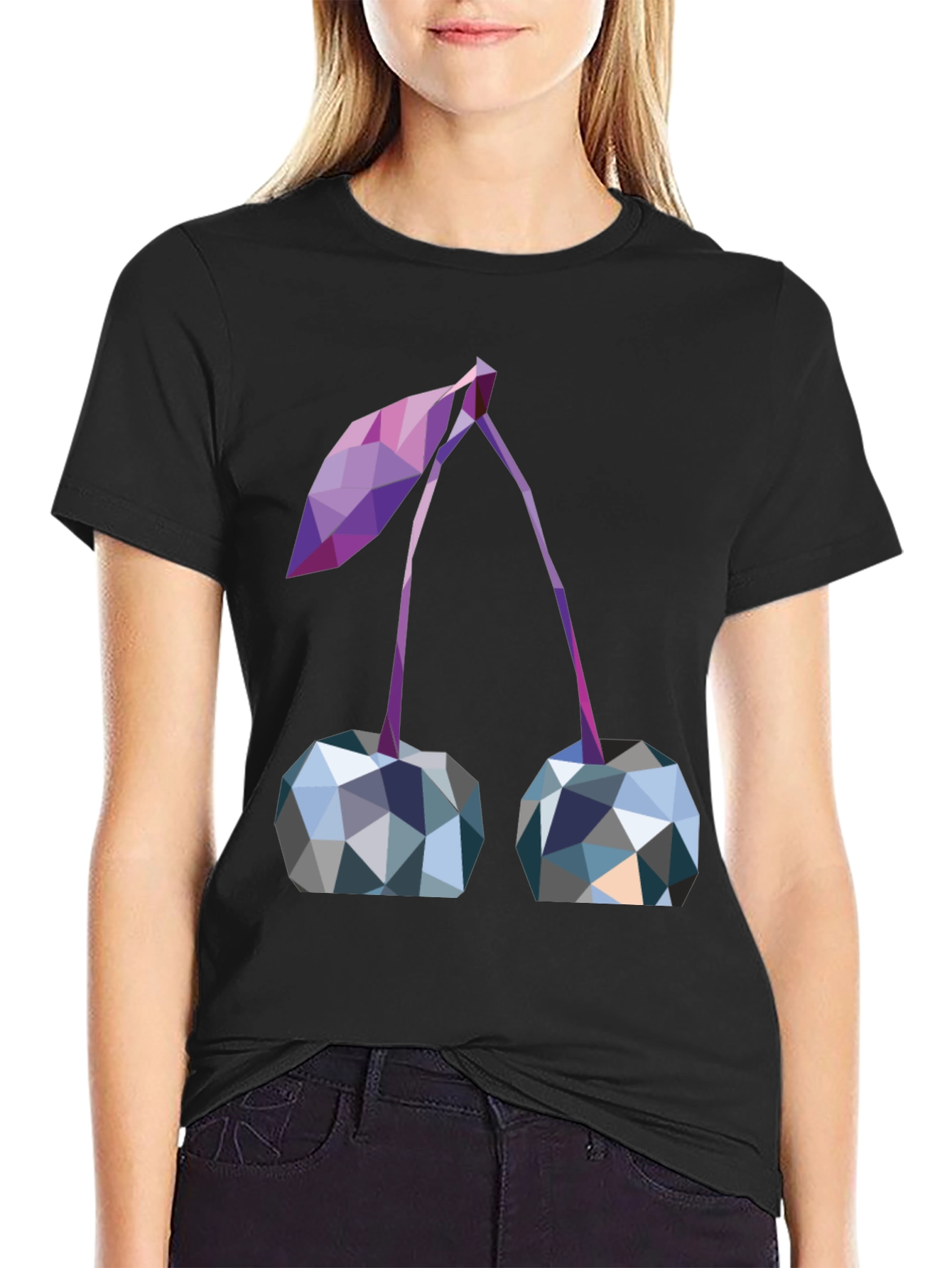 Black Geometric Cherry Print Black T-Shirt view 2