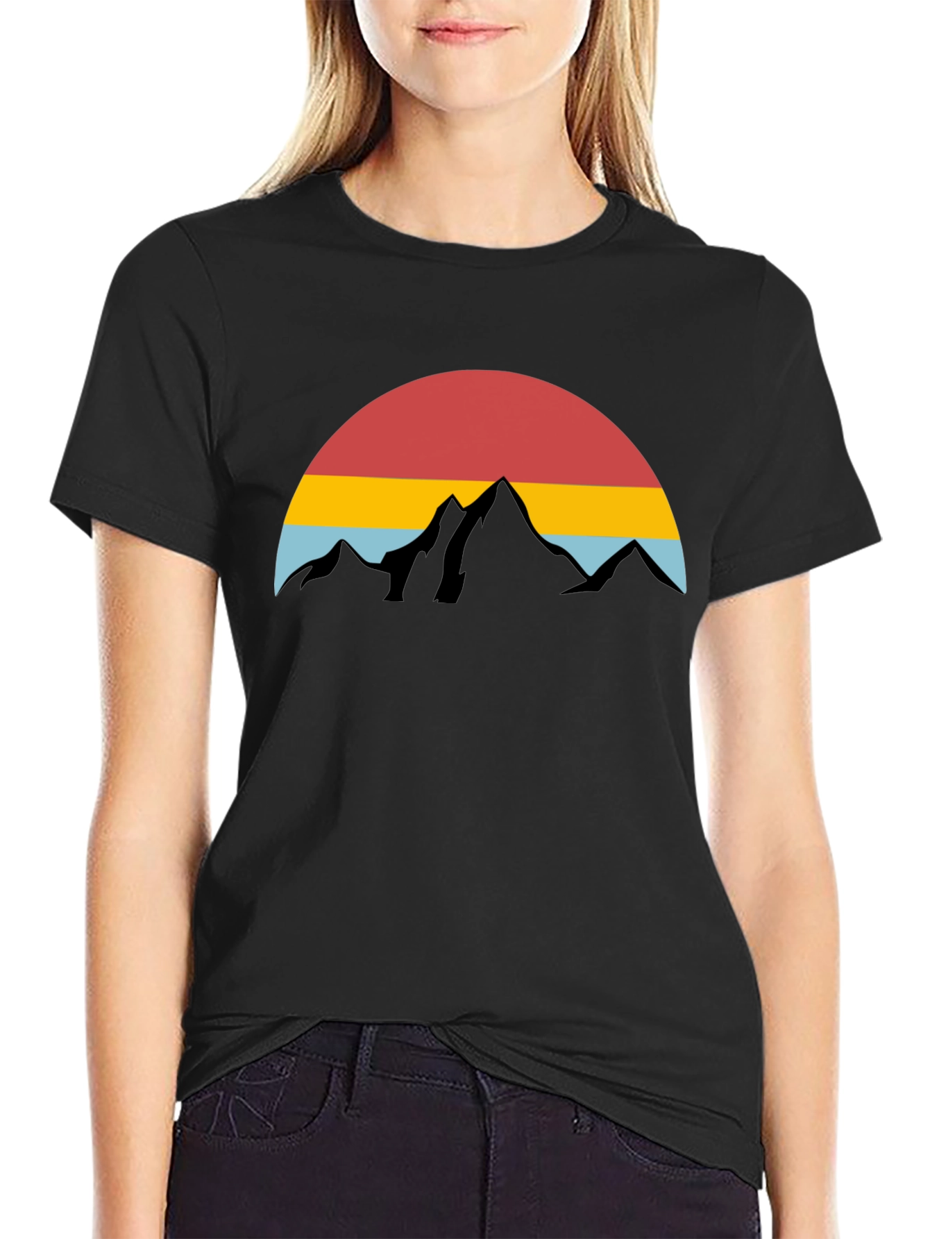 Black Retro Mountain Sunset Graphic Tee - Black Cotton Blend view 2