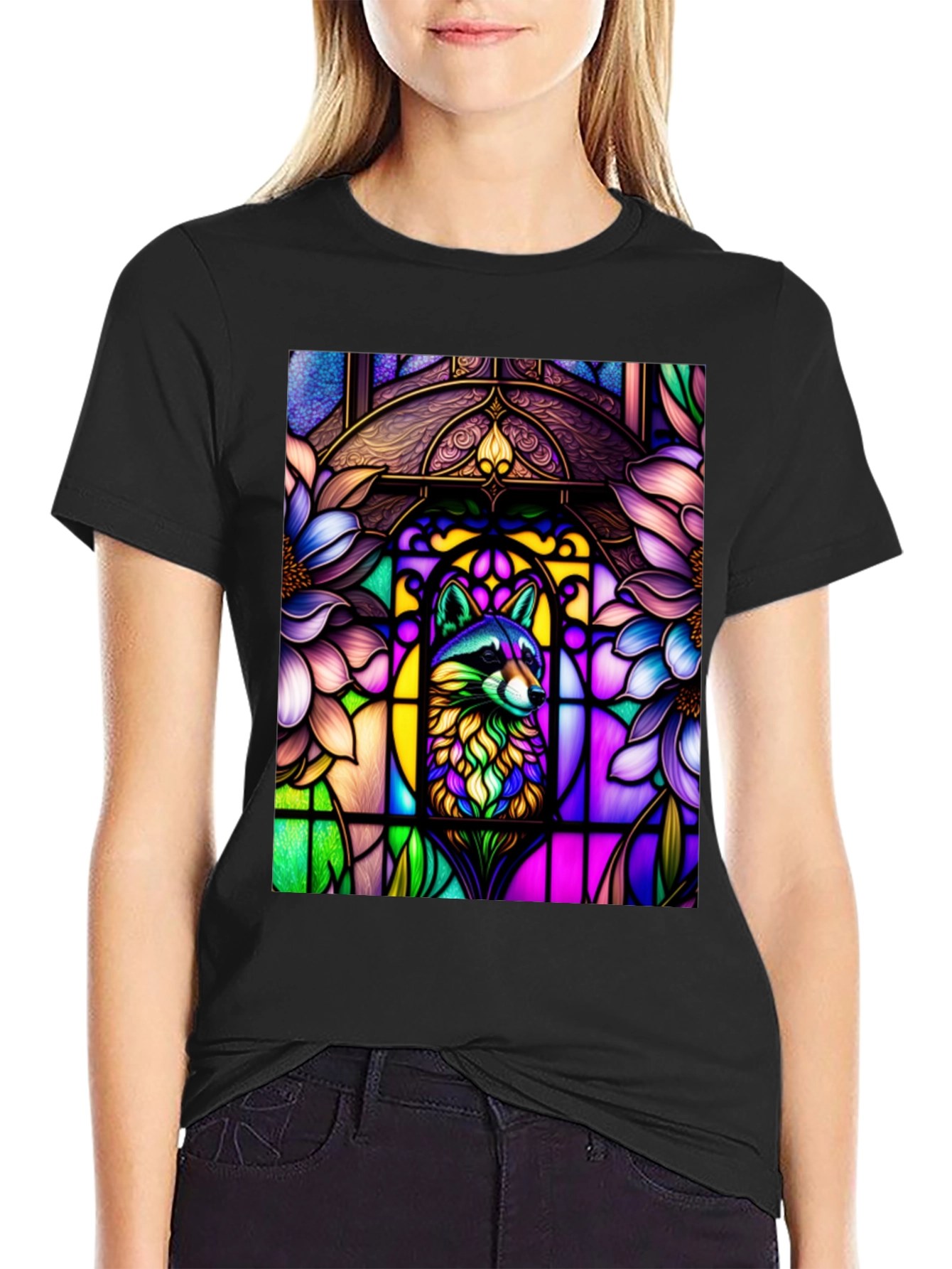 Black Stained Glass Raccoon Black T-Shirt view 2