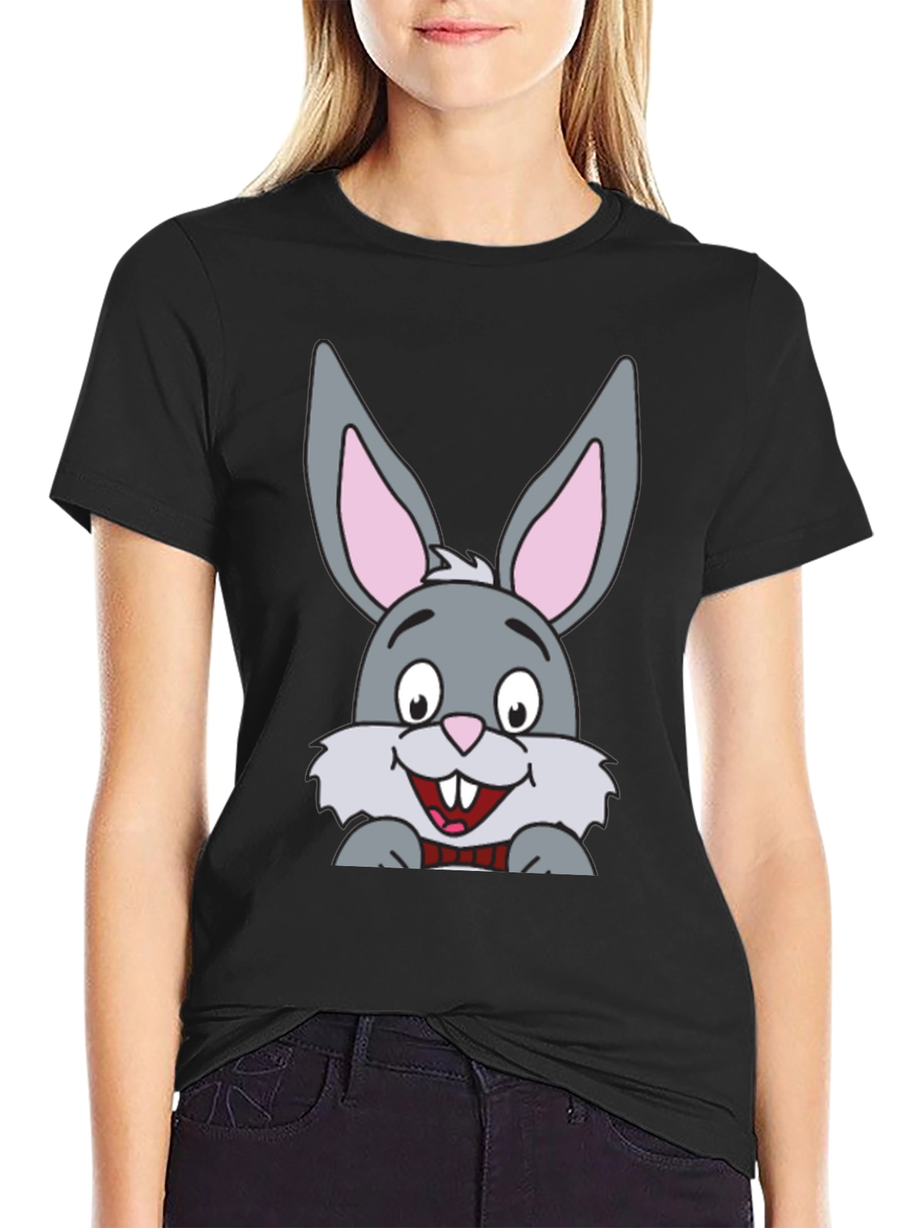 Black Cartoon Bunny Rabbit Graphic T-Shirt view 2