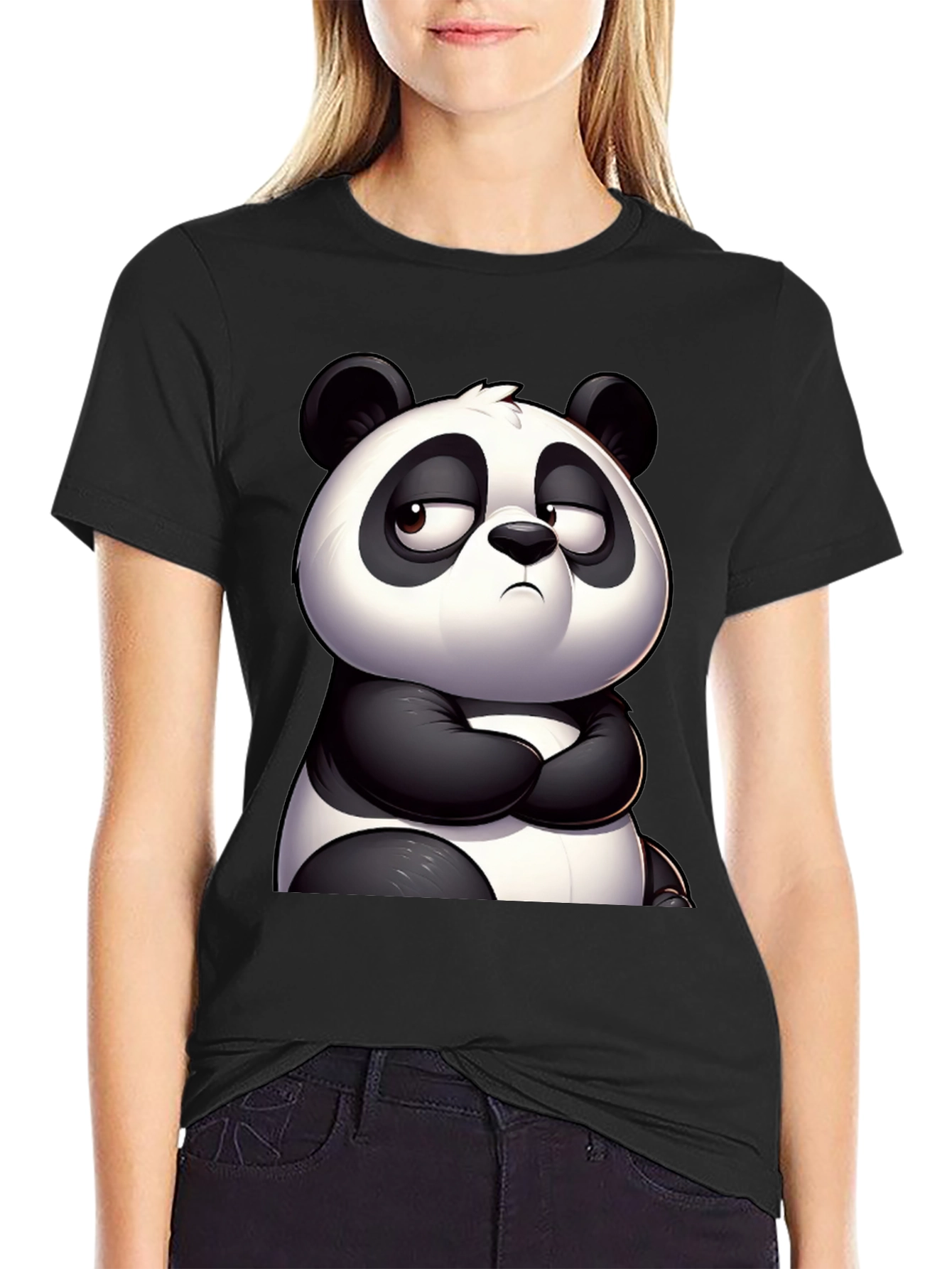 Black Grumpy Panda Graphic Tee - Black Cotton T-Shirt view 2