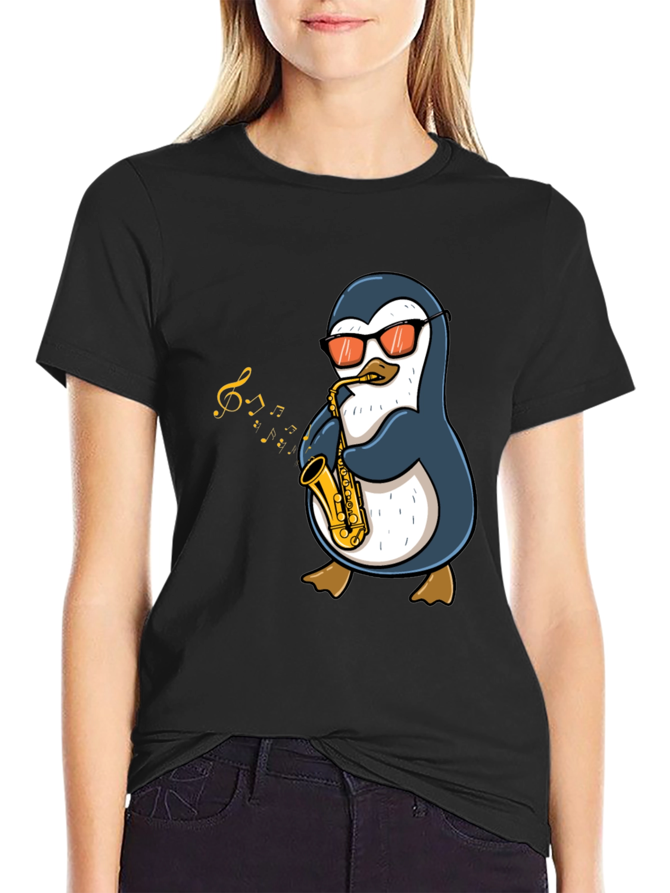 Black Penguin Sax Player Graphic T-Shirt - Cool Music Tee view 2