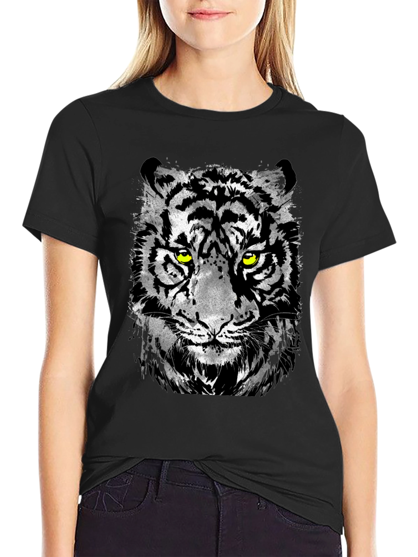 Black Men's Black T-Shirt with Tiger Graphic view 2
