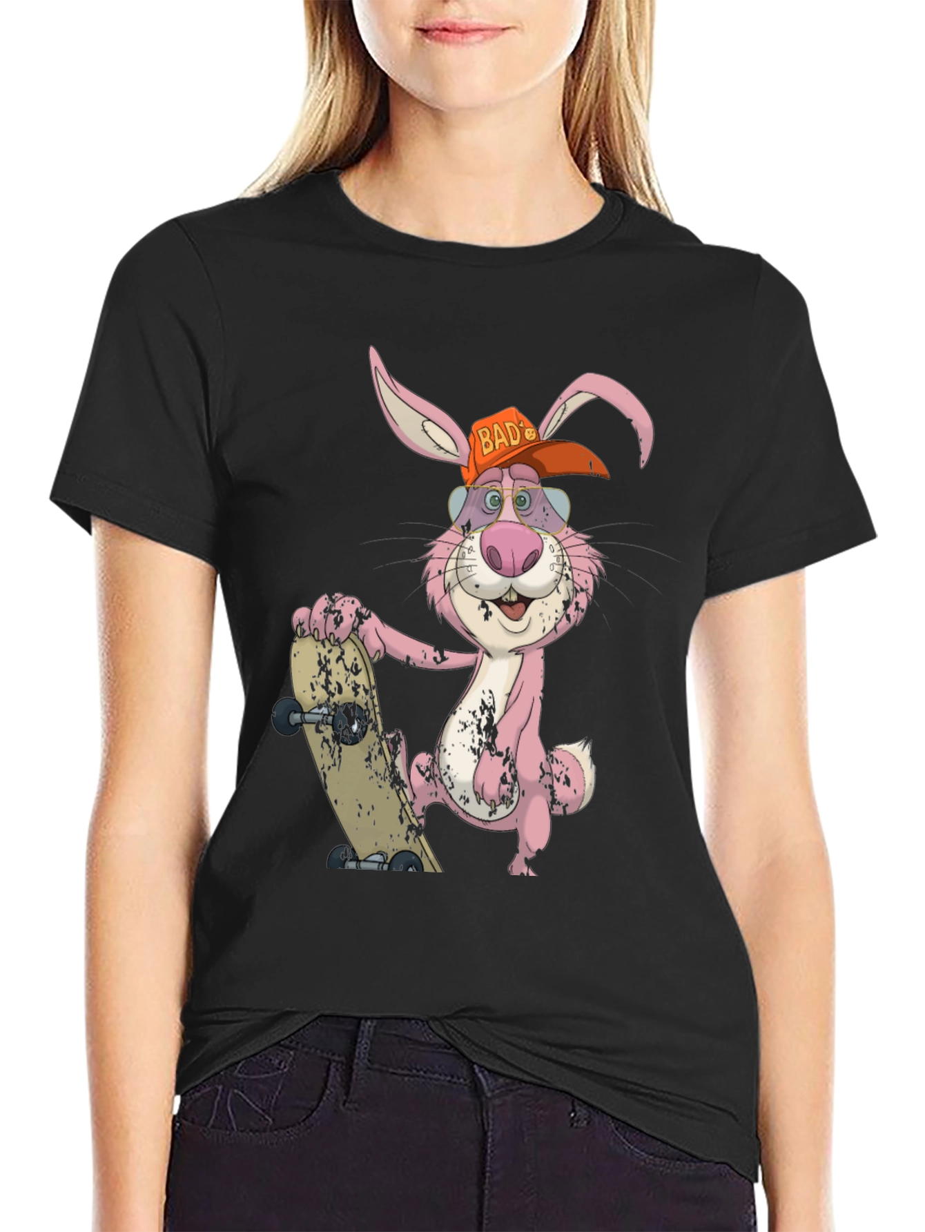 Black Cool Bunny Skateboarder Graphic Tee view 2