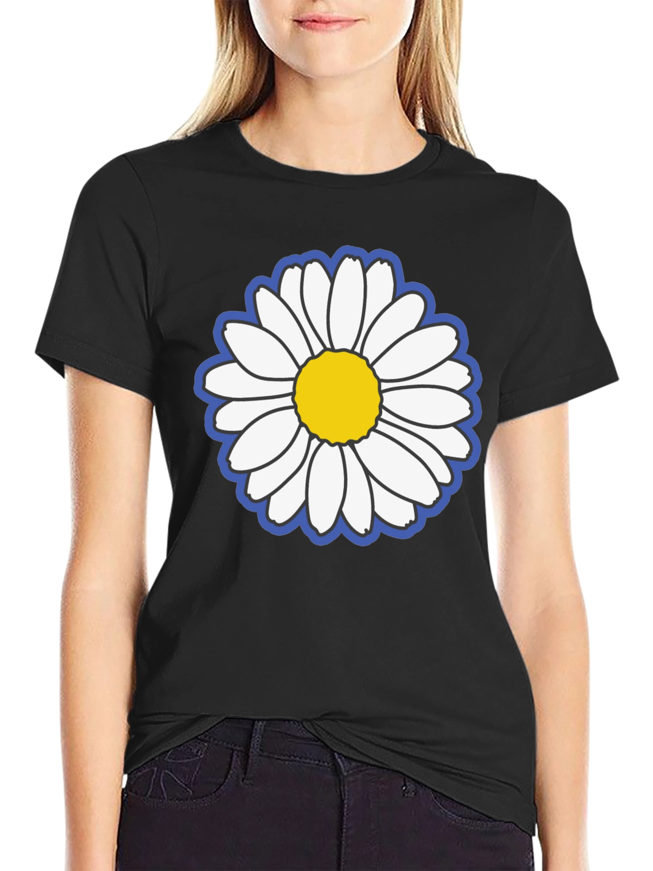 Black Daisy Flower Graphic Black Tee view 2