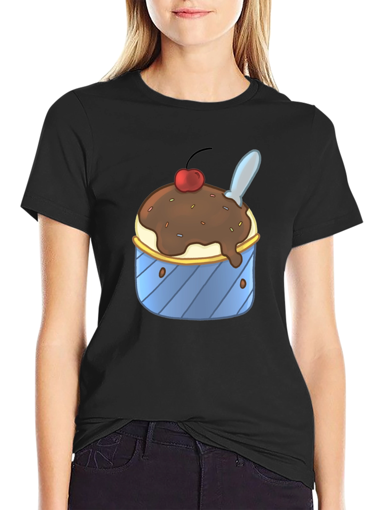 Black Ice Cream Sundae Graphic Tee - Black Cotton T-Shirt view 2