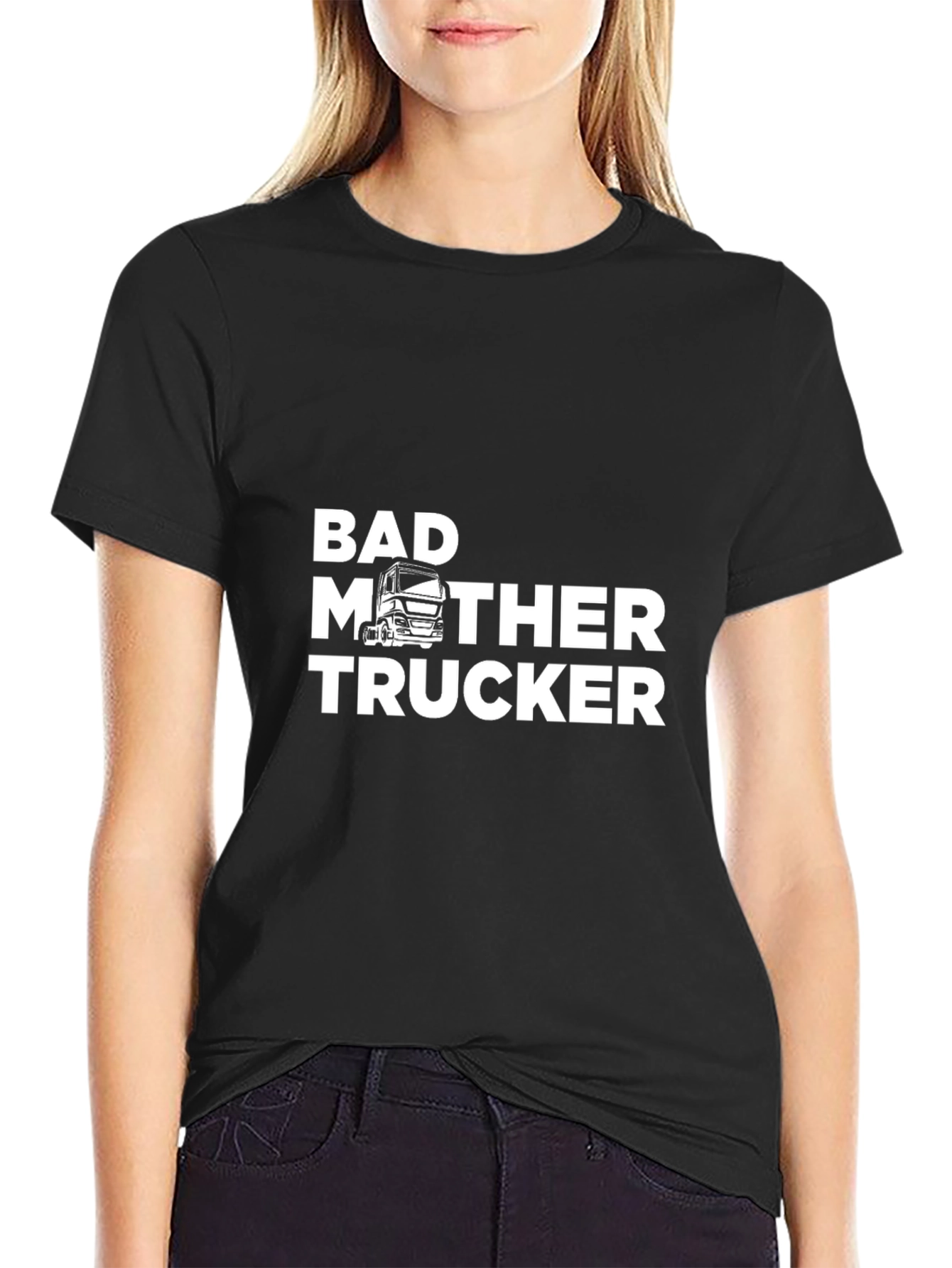 Black Bad Mother Trucker Graphic Tee - Black Crew Neck Shirt view 2