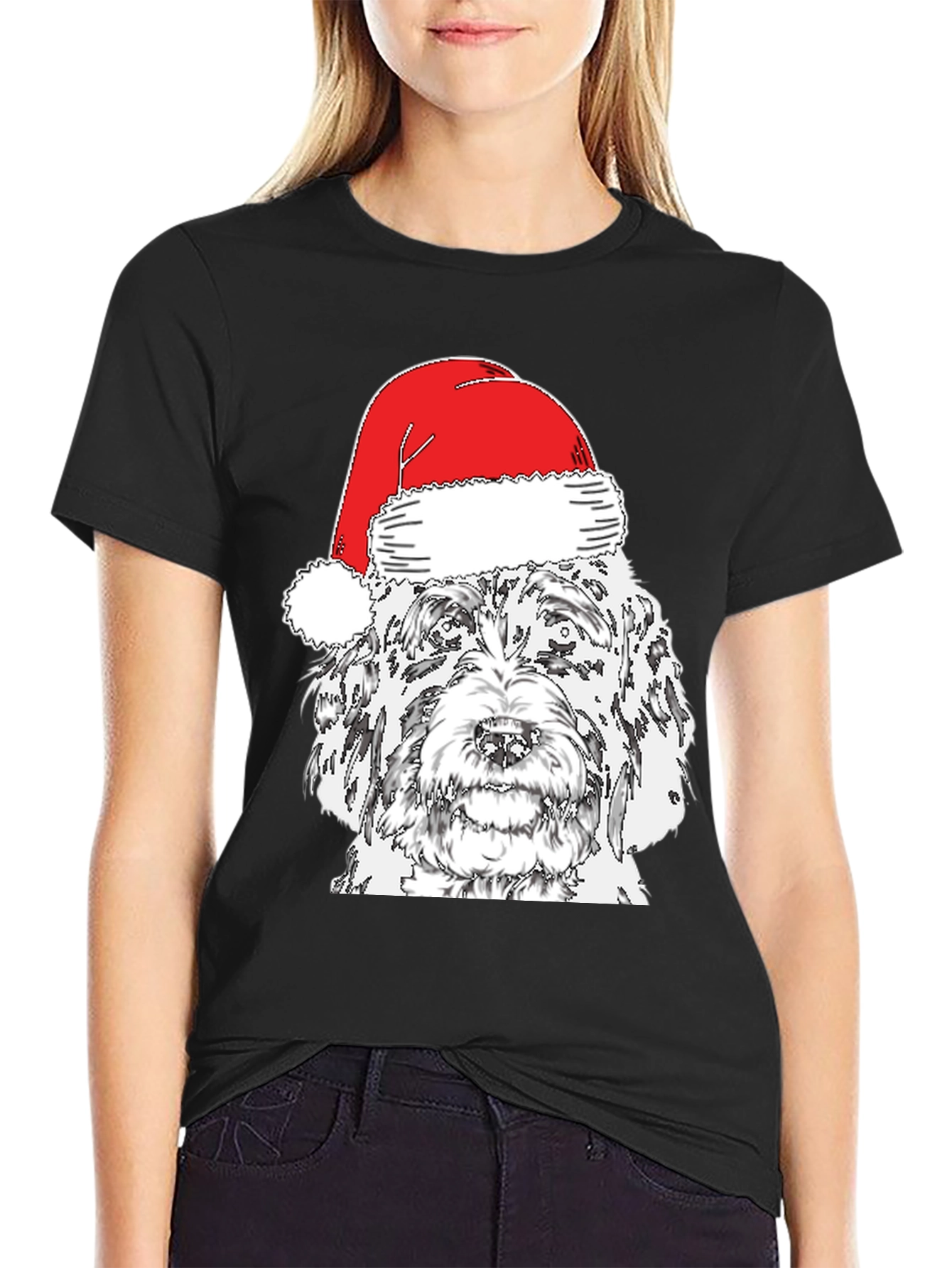 Black Festive Dog Santa Hat T-Shirt view 2