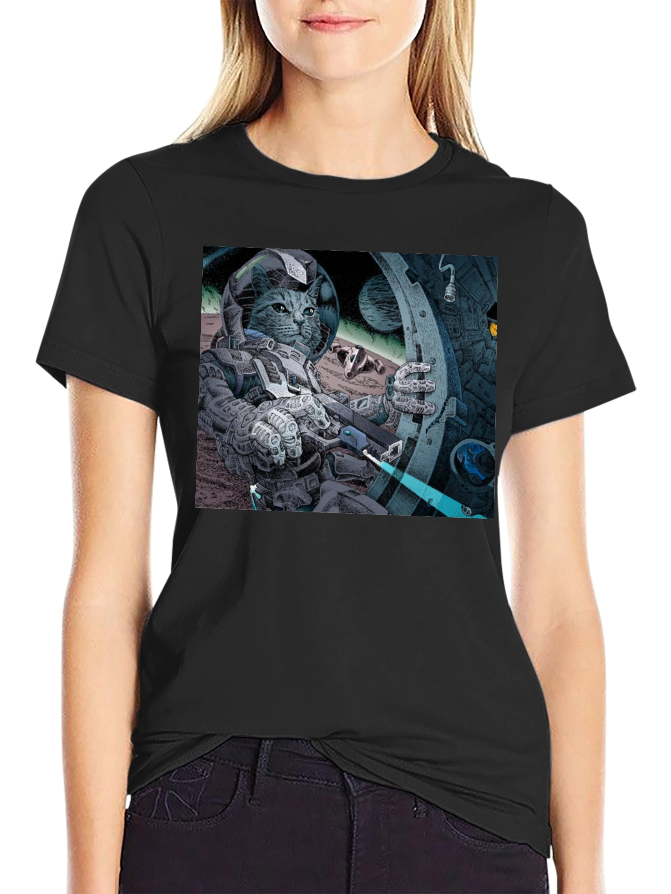 Black Cosmic Cat Astronaut T-Shirt - Cool Graphic Tee view 2