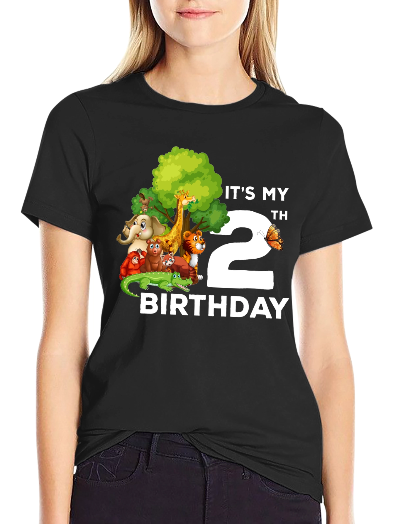 Black It's My 2nd Birthday Jungle Animals Kids T-Shirt view 2