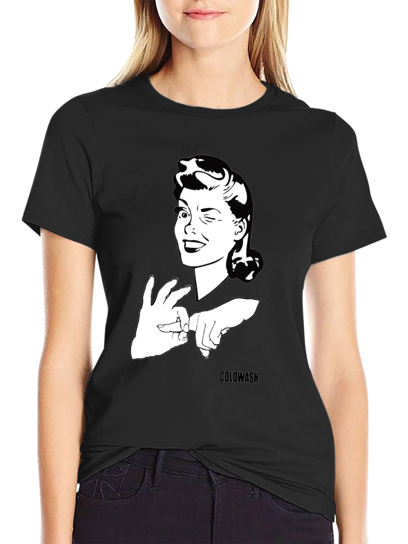 Black Winking Woman Graphic Tee - Black Cotton T-Shirt view 2