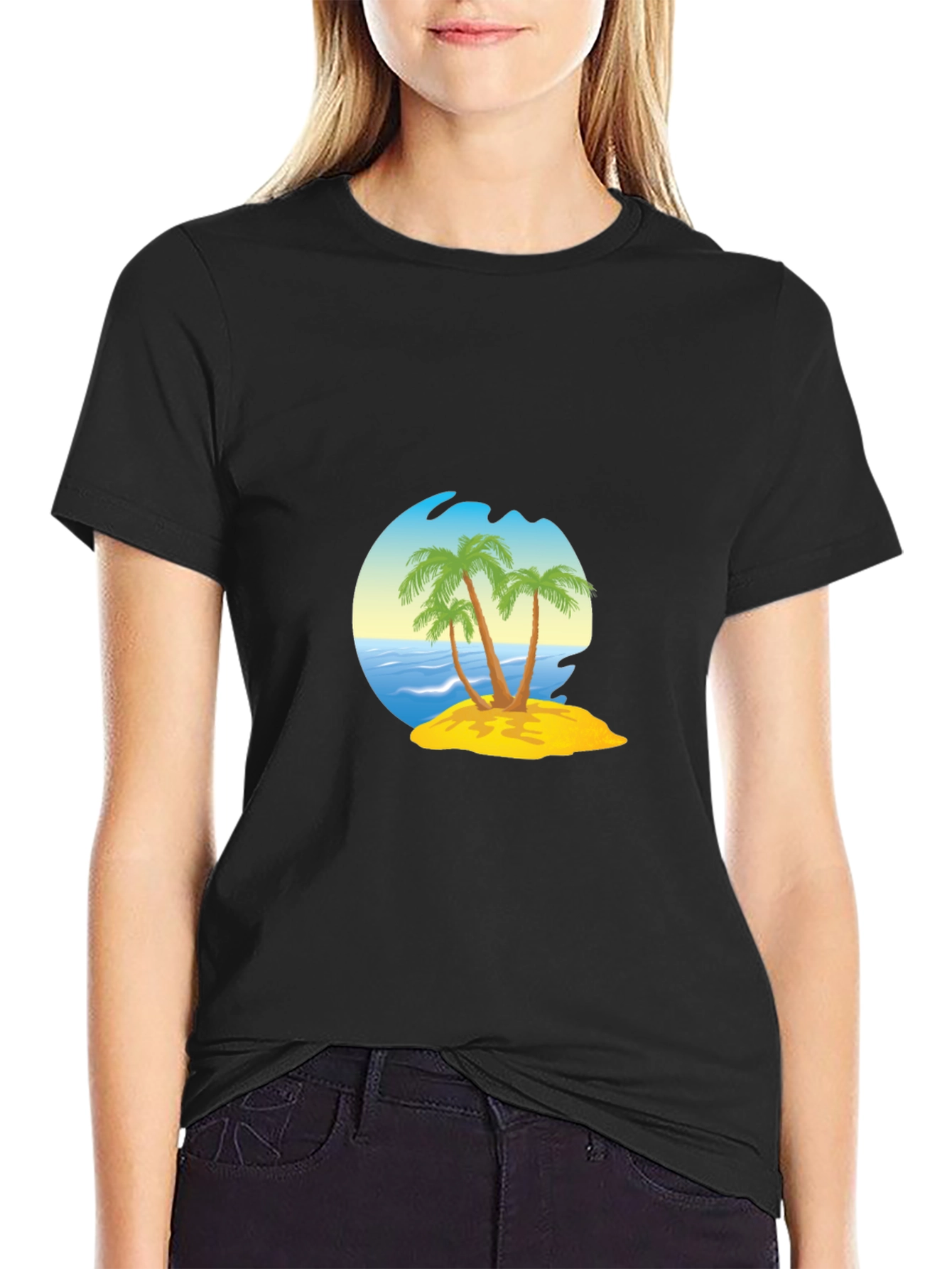 Black Island Palm Tee - Black Cotton Blend T-Shirt view 2