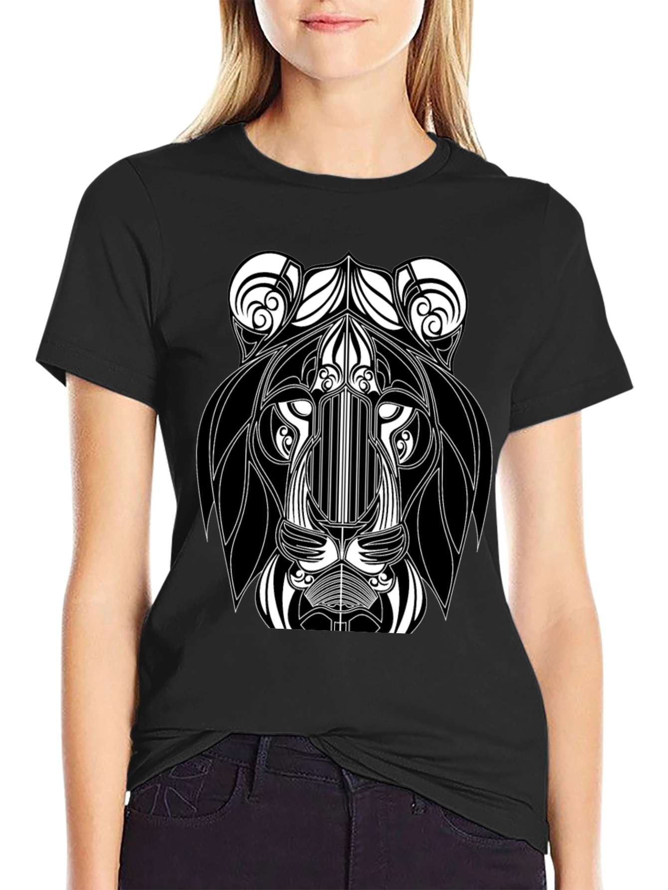 Black Abstract Lion Head Black Graphic T-Shirt view 2
