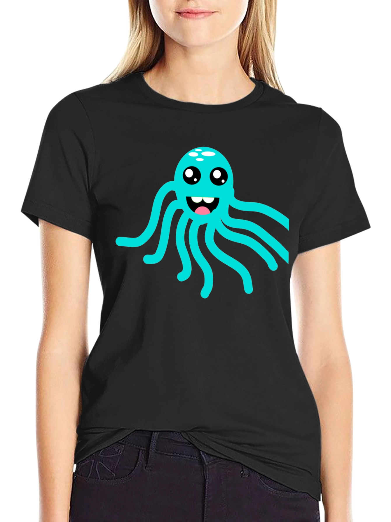 Black Cute Octopus Graphic Tee - Soft Black Cotton T-Shirt view 2