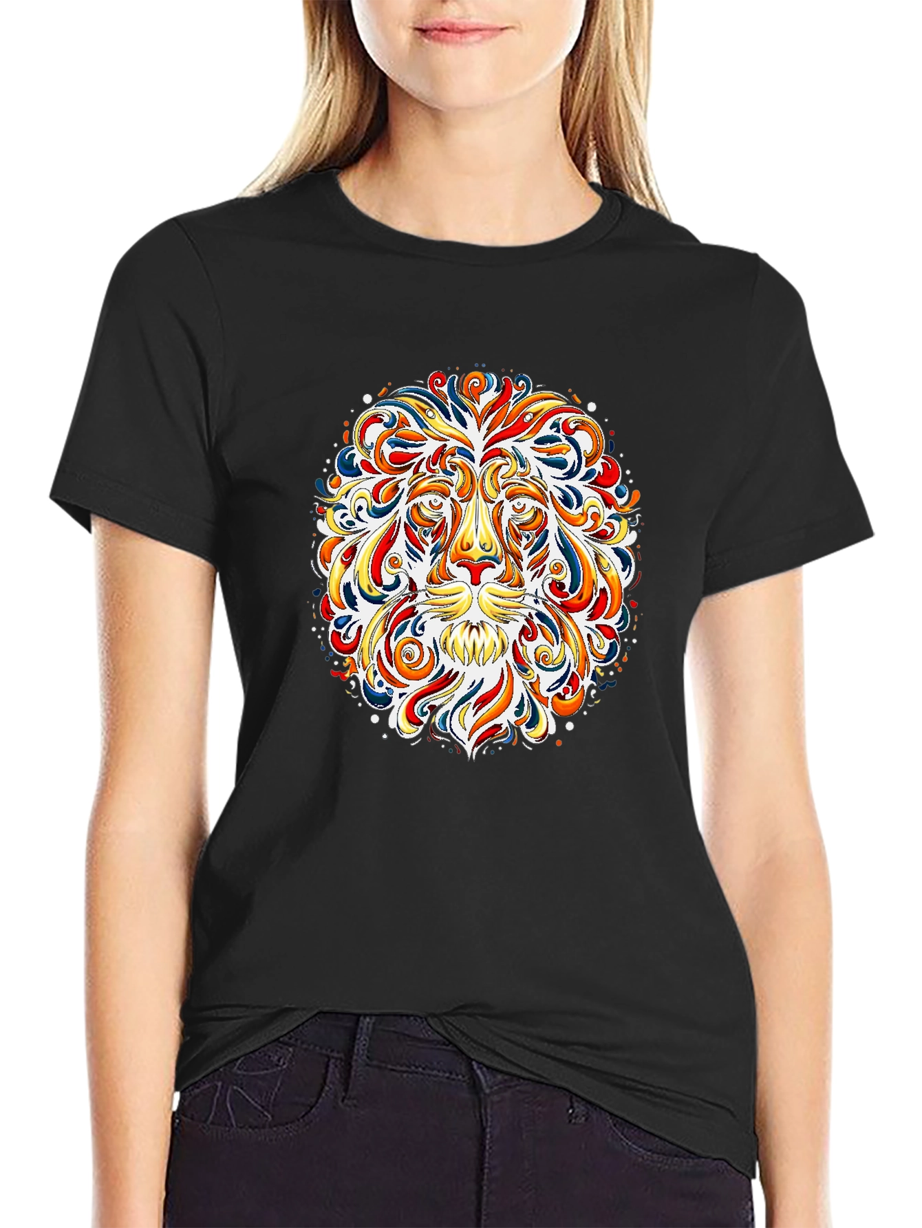 Black Vibrant Lion Graphic Tee - Bold Art T-Shirt view 2