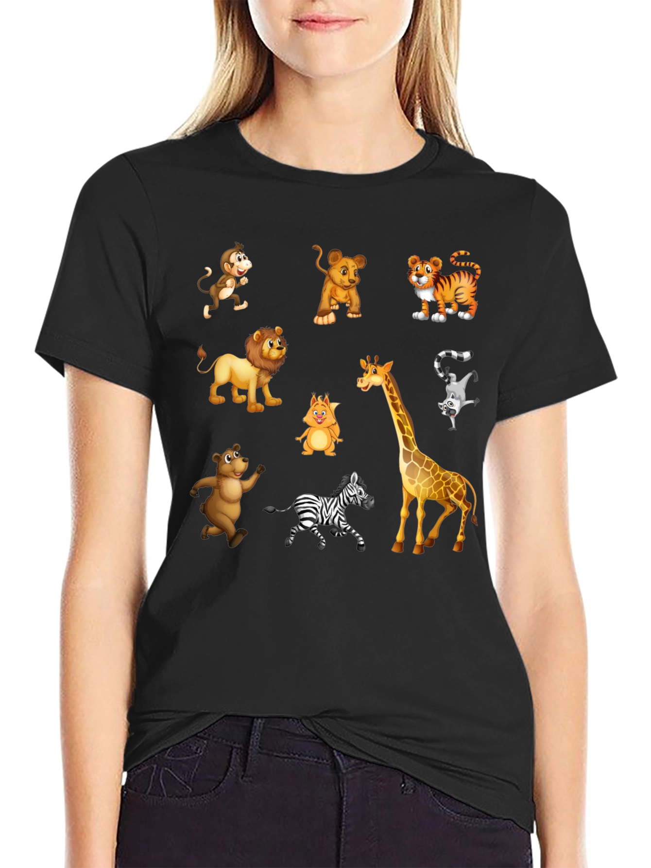 Black Cartoon Animal Print Black T-Shirt view 2