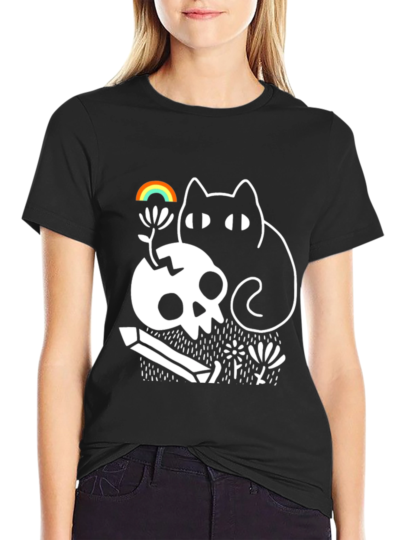 Black Gothic Whimsical Cat & Skull Graphic Tee view 2