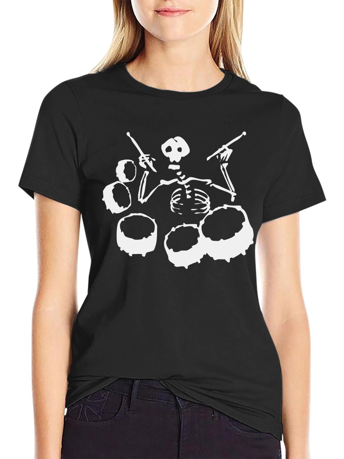Black Skeleton Drummer Black T-Shirt - Rock Band Tee view 2
