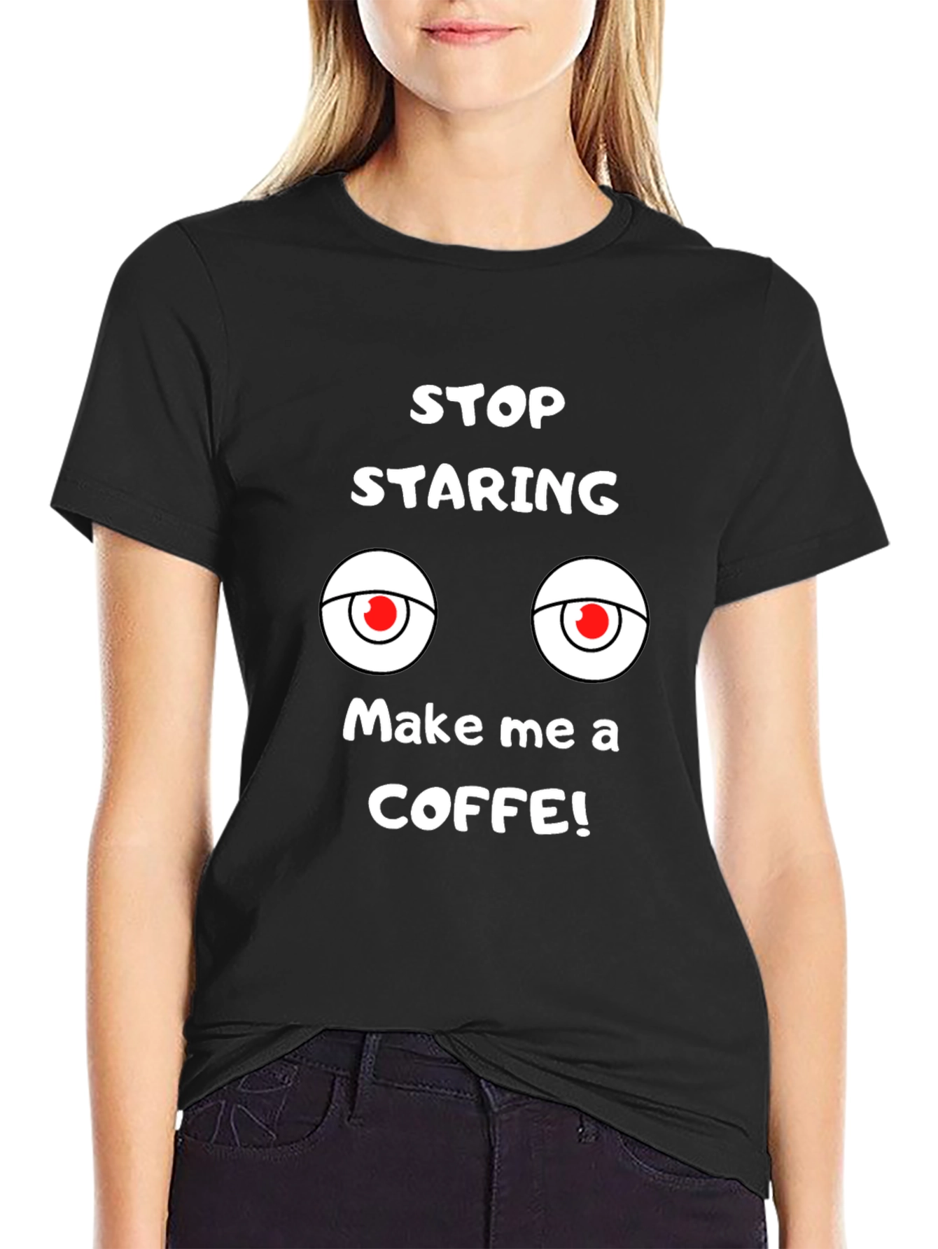 Black Funny Graphic Tee: Stop Staring, Make Coffee view 2