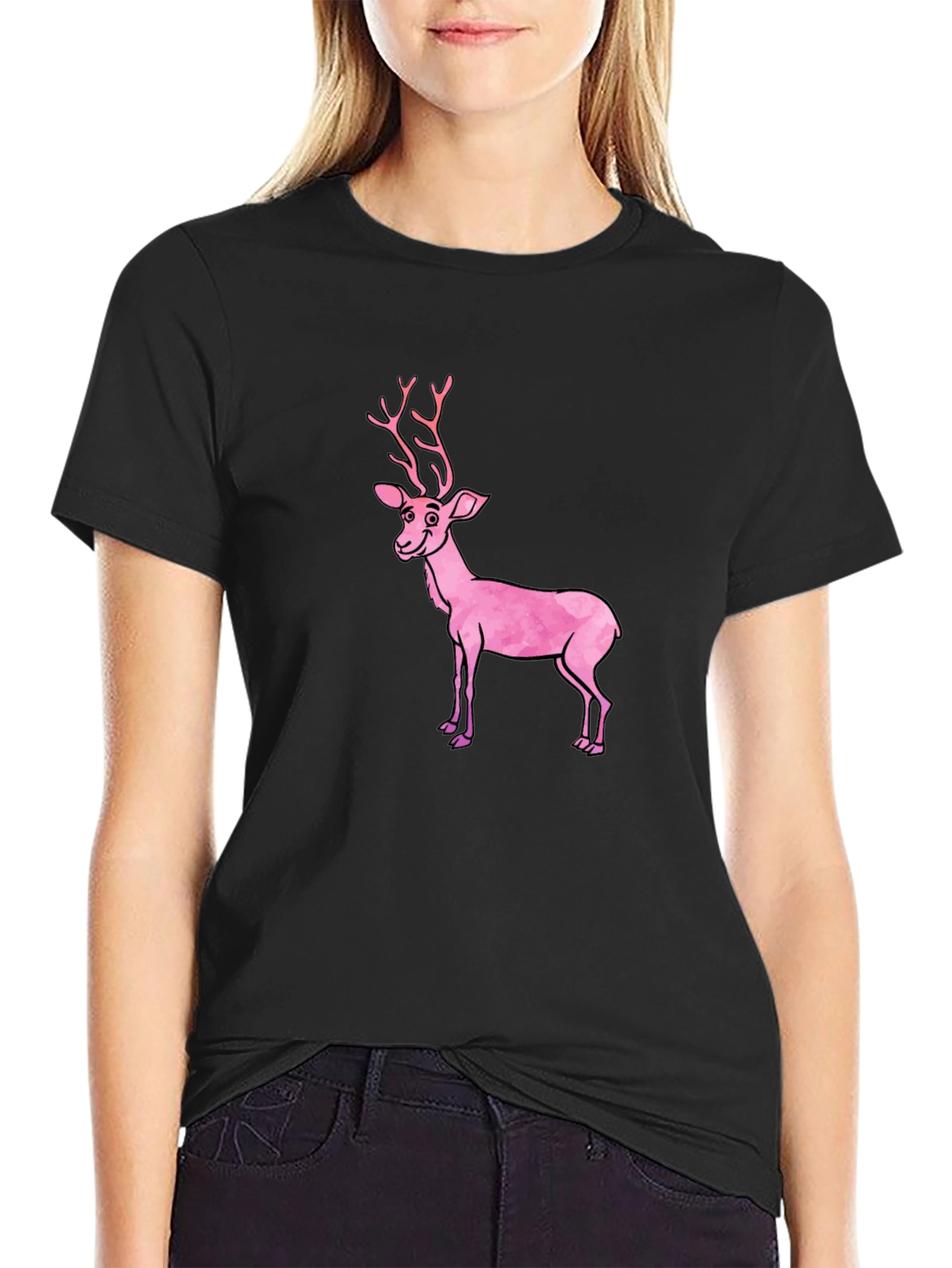 Black Black T-Shirt with Pink Deer Graphic view 2