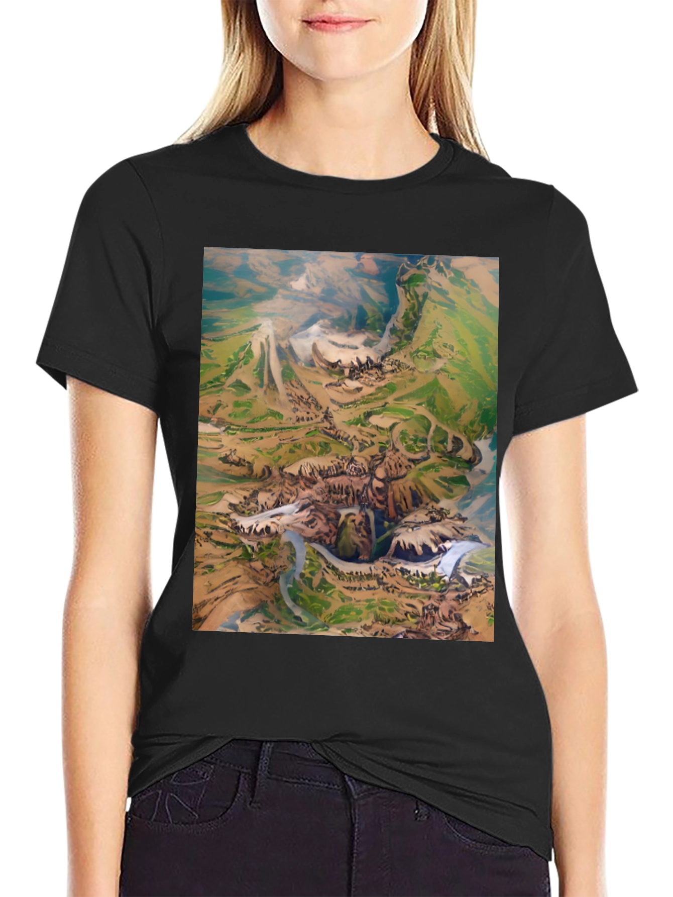 Black Artistic Landscape Print Black T-Shirt view 2