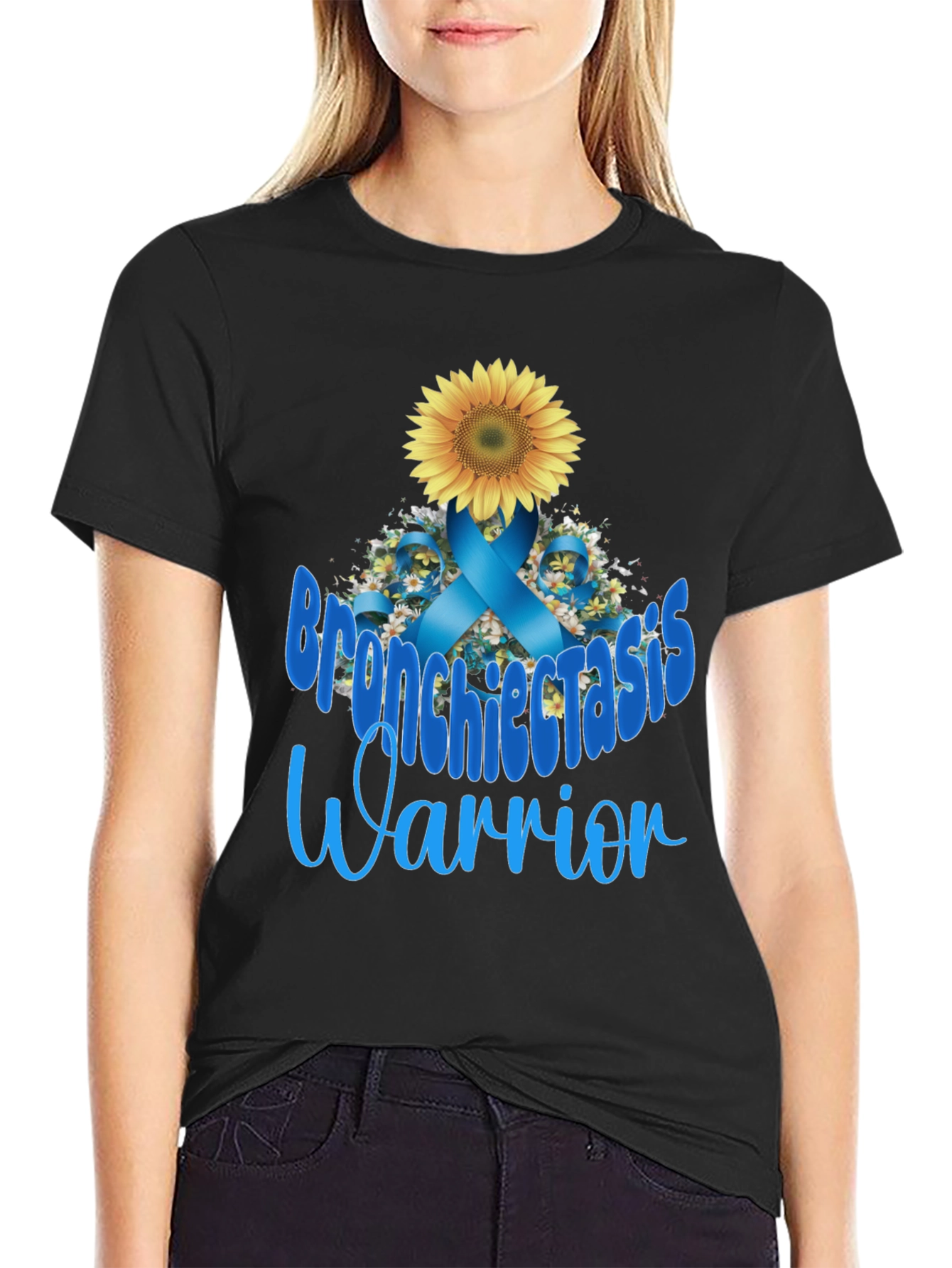 Black Bronchiectasis Warrior T-Shirt: Sunflower Ribbon Tee view 2