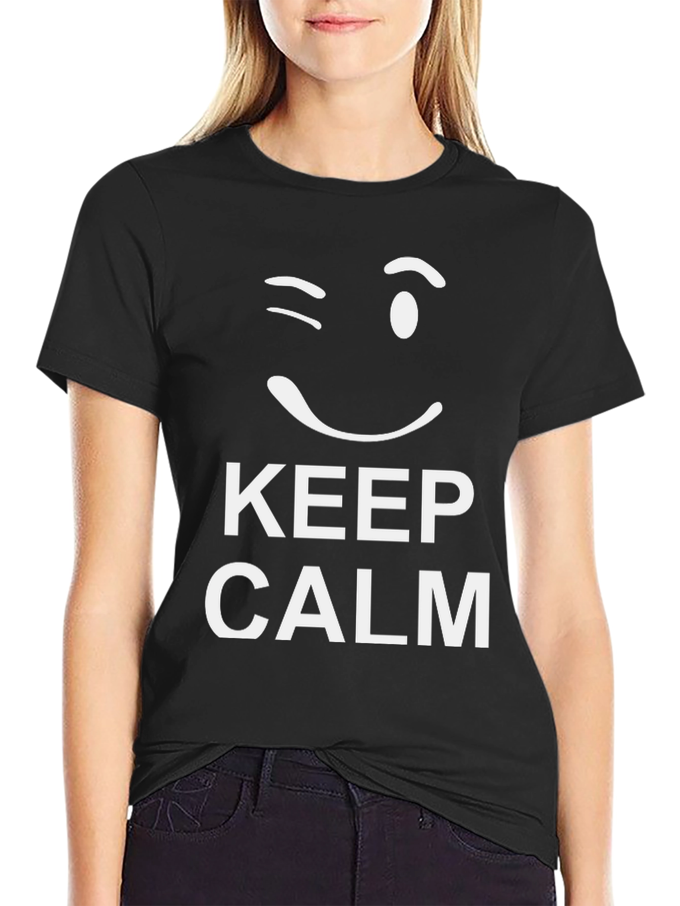 Black Keep Calm Wink Graphic Tee - Black Cotton T-Shirt view 2