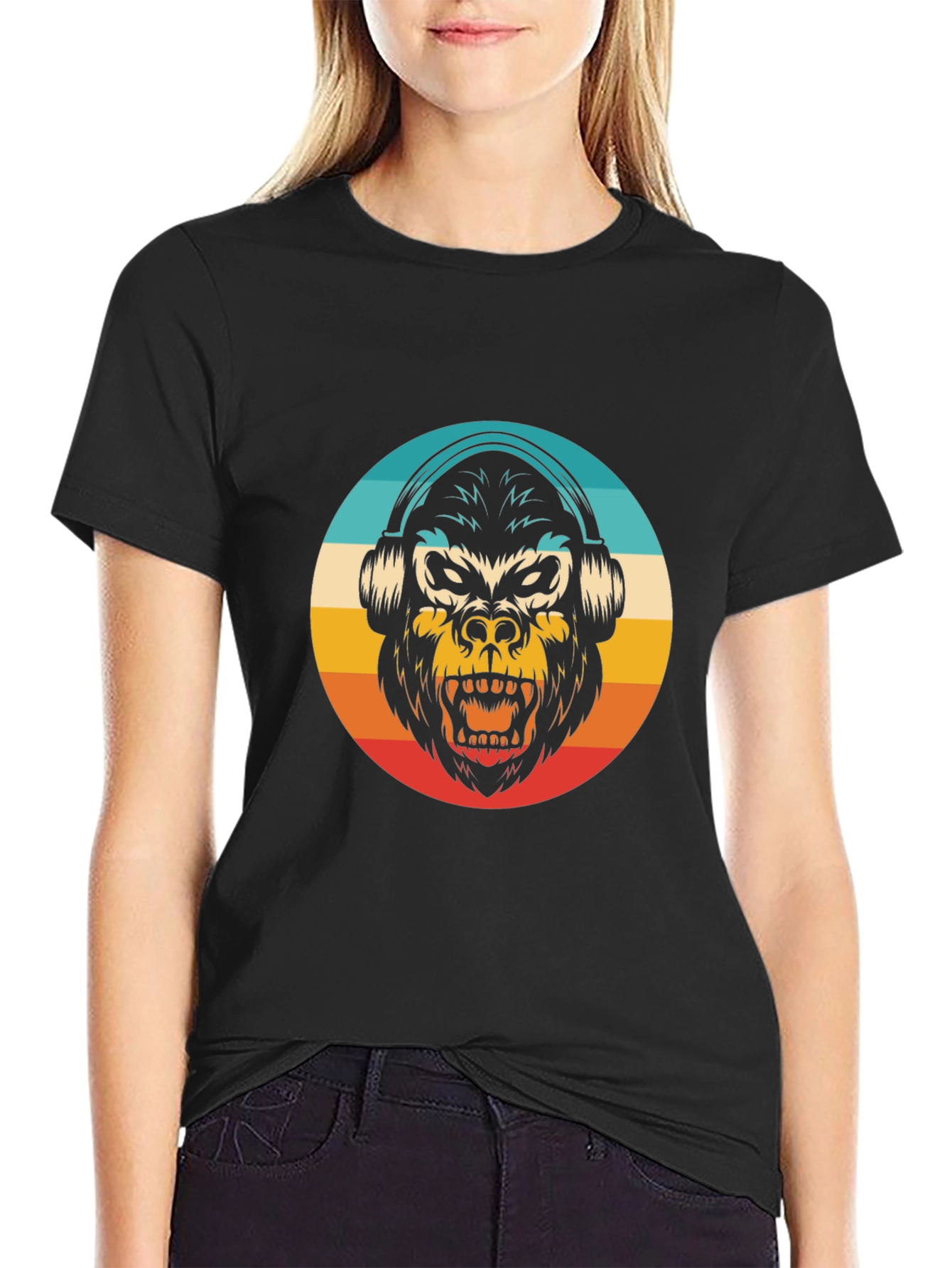 Black Retro Gorilla Headphone T-Shirt view 2
