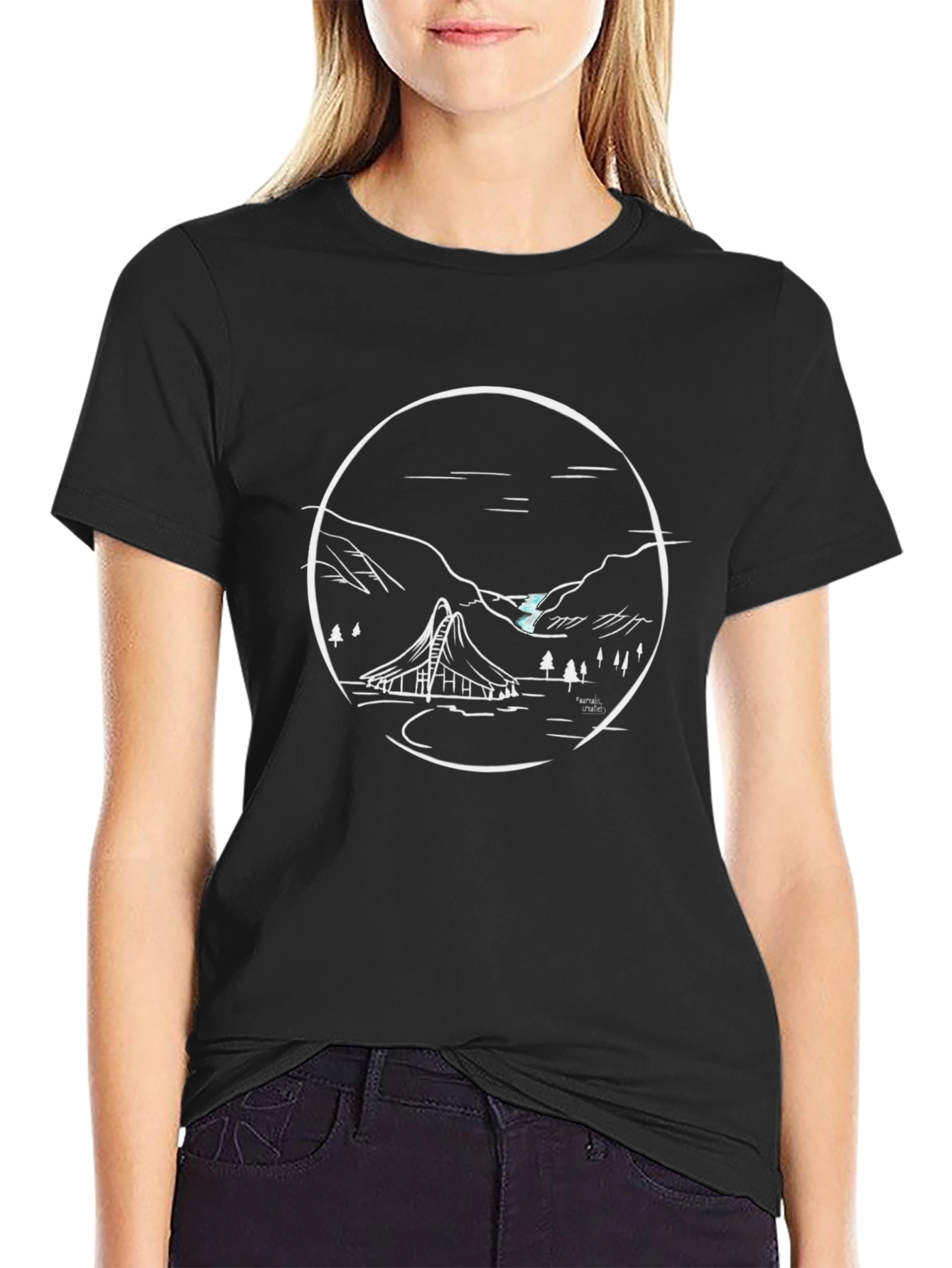 Black Black T-Shirt with Unique Mountain Landscape Design view 2