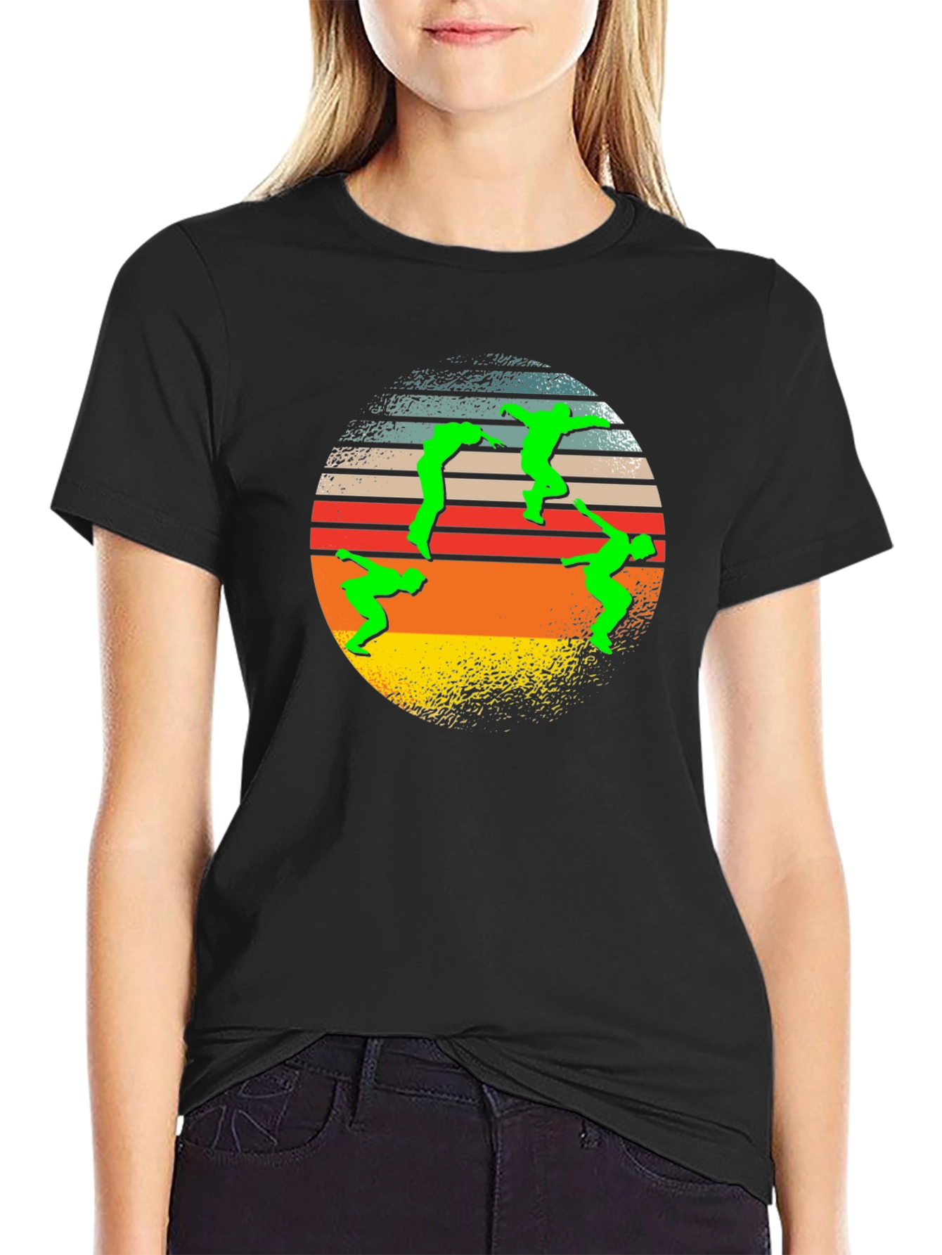 Black Retro T-Shirt with Green Figure Circle Design view 2