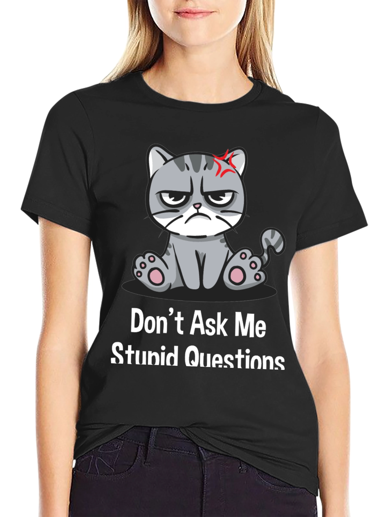 Black Grumpy Cat T-Shirt - Don't Ask Me Stupid Questions view 2