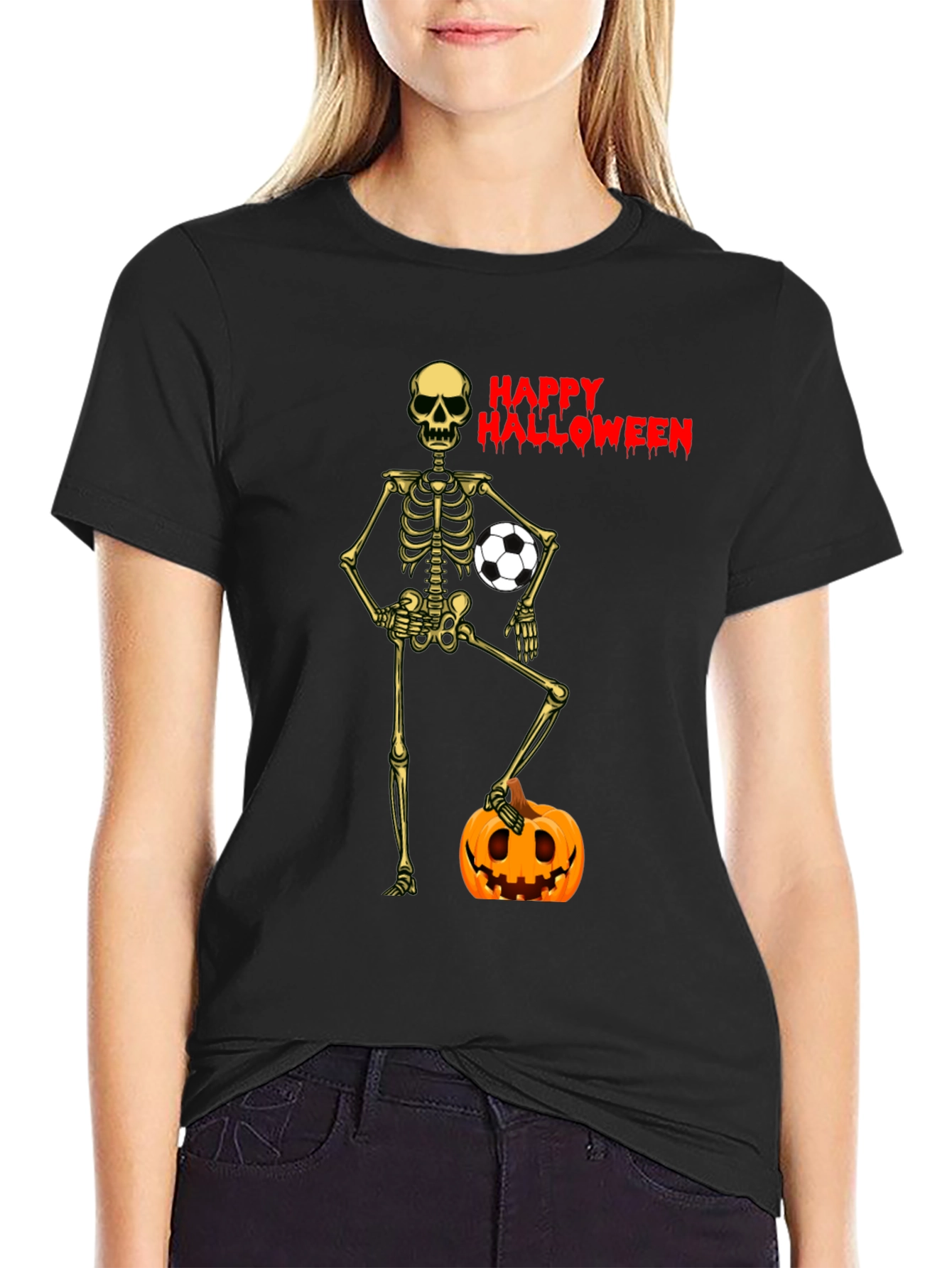 Black Happy Halloween Skeleton Soccer T-Shirt view 2