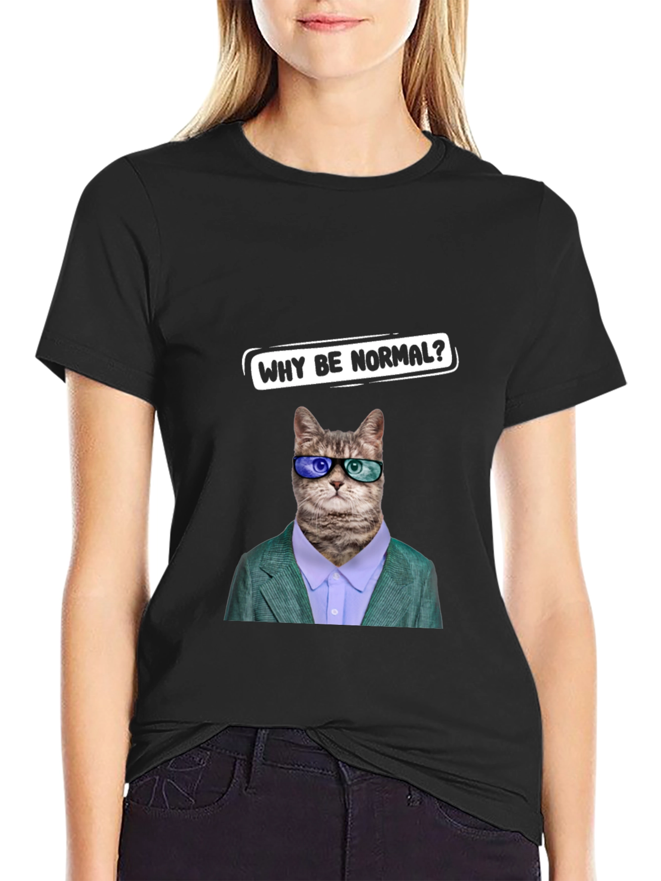 Black Funny Cat T-Shirt - Why Be Normal? view 2