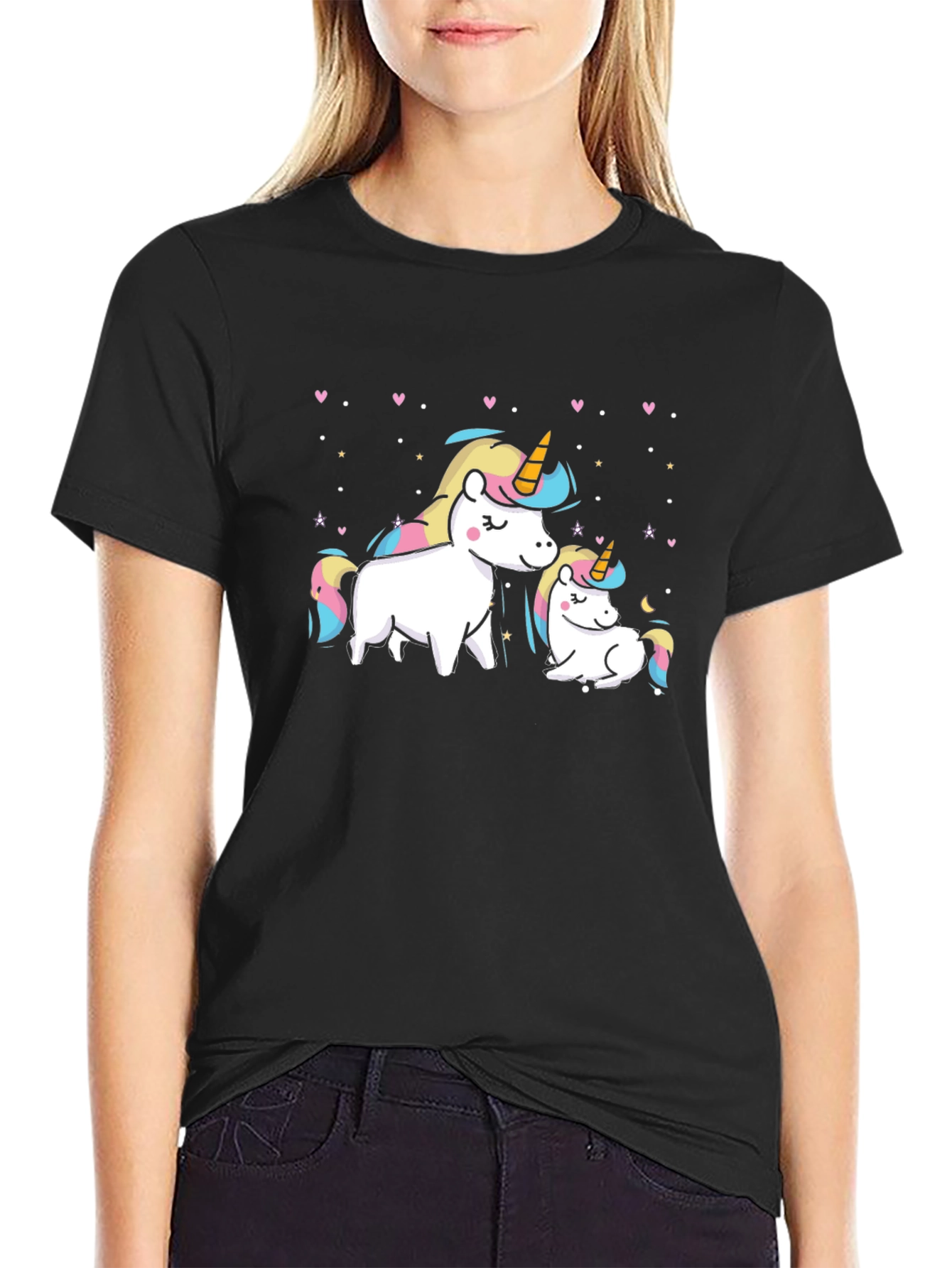 Black Cute Unicorn Mom and Baby Graphic T-Shirt view 2